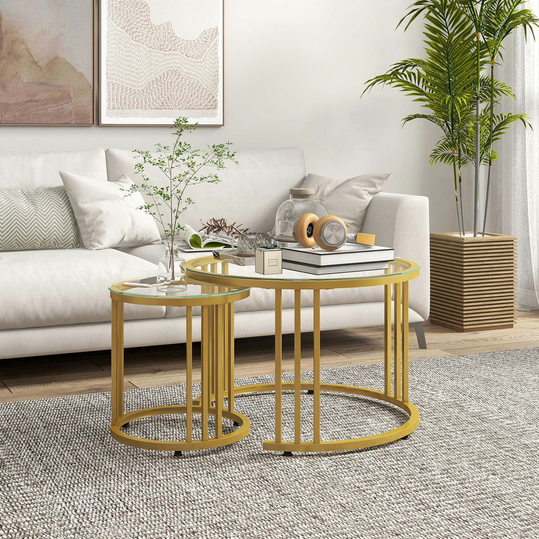 Homcom Gold 2 Pieces Round Nesting Coffee Tables With Tempered Glass Top, Tone - Tone
