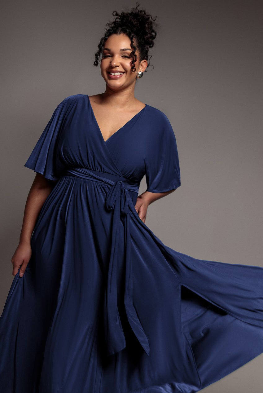 Goddiva Plus Blue Wrap Front Maxi With Flutter Sleeves - Navy By - Navy - 24