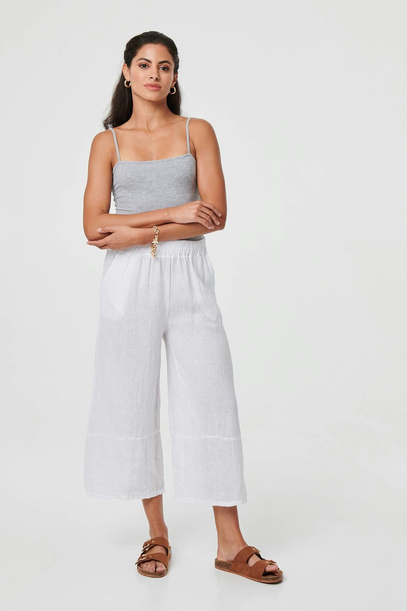 Izabel London White High Waist Stretchy Crop Trousers - 8