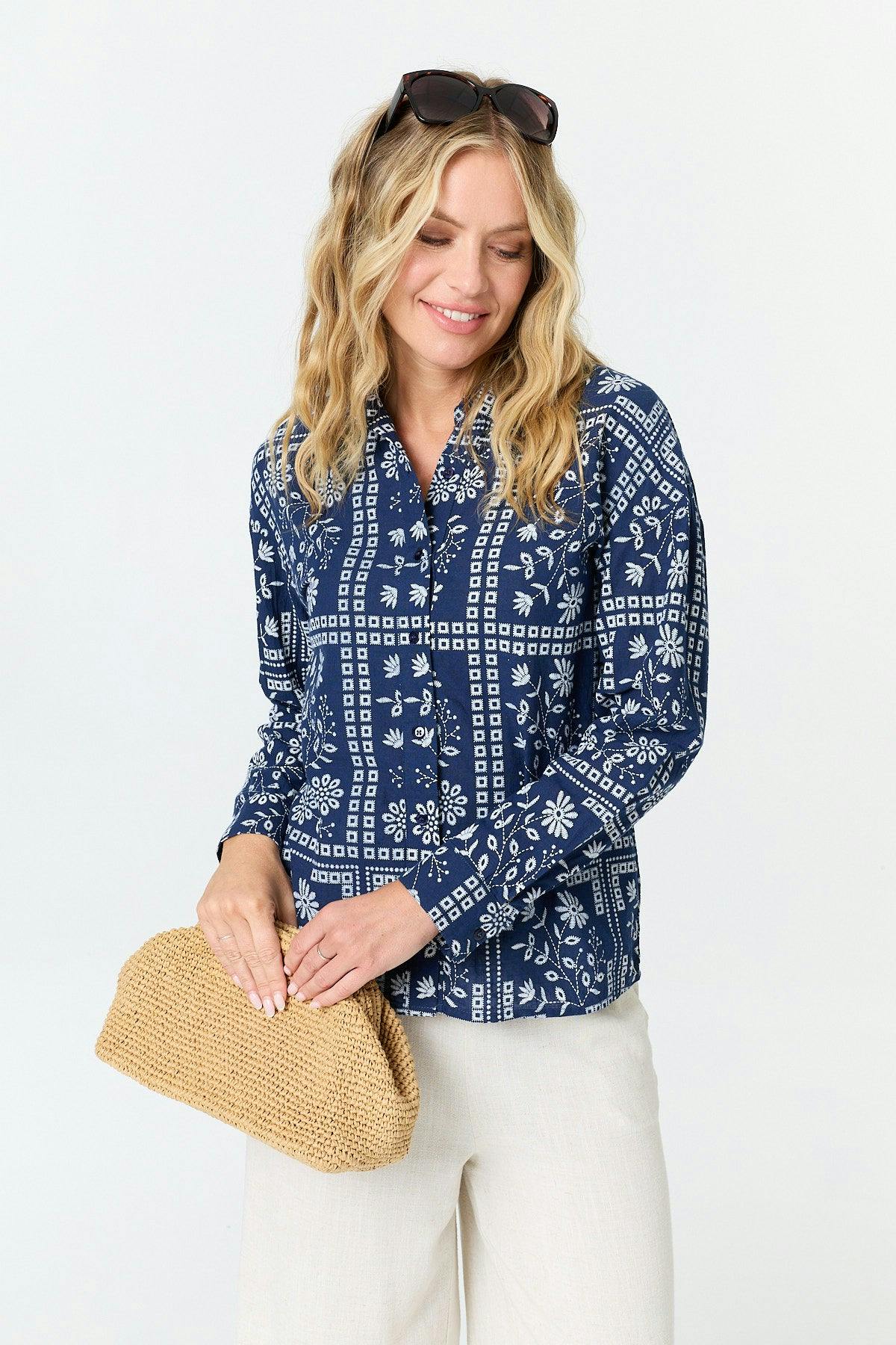 Izabel London Blue Printed Long Sleeve Relaxed Shirt - 10