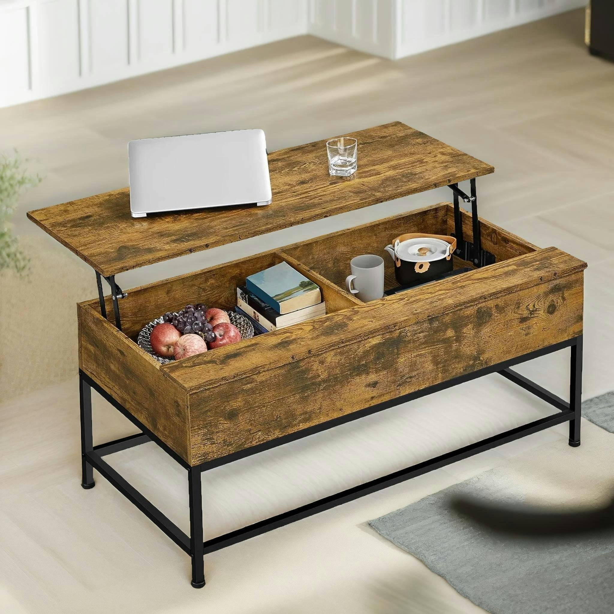 Rafaelo Mobilia Brown Industrial Lift Top Coffee Table With Hidden Storage Rustic