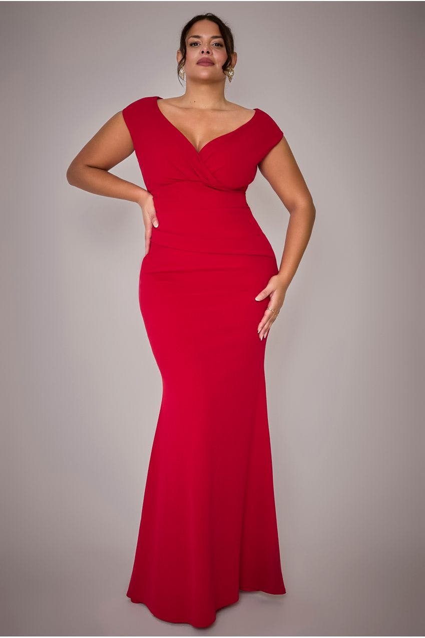 Goddiva Plus Red Bardot Pleated Maxi Dress - By - 22