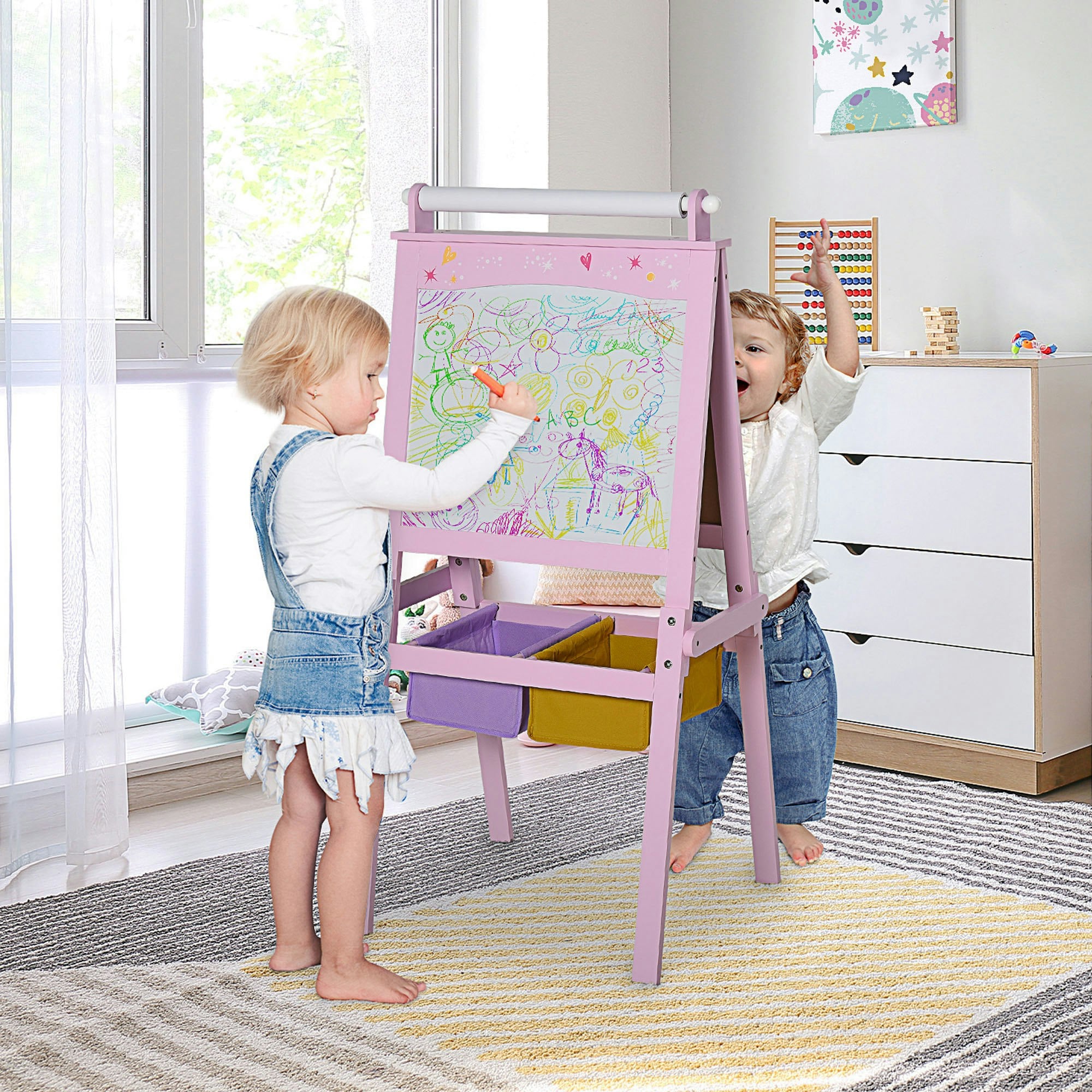 Kids Wooden Art Easel Double Sided Chalkboard Whiteboard with Paper Roll Stand - Image 3