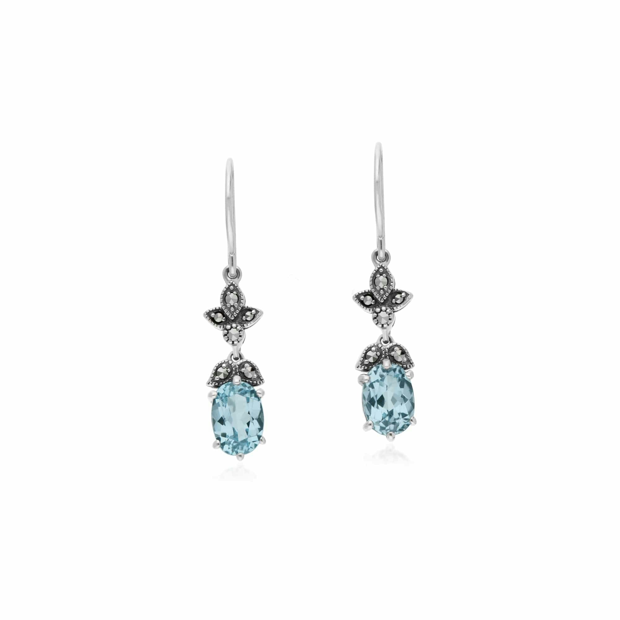 Gemondo Blue/Silver Art Nouveau Style Oval Topaz & Marcasite Drop Earrings In 925 Sterling