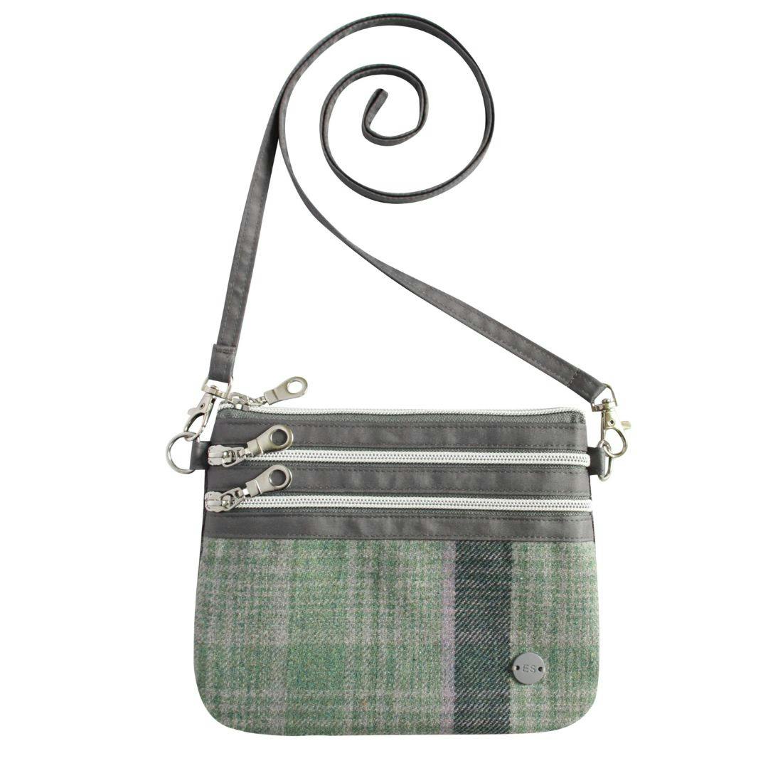 Earth Squared Green Tweed Mini Crossbody Pouch – Tartan 3 Zip Purse Bag