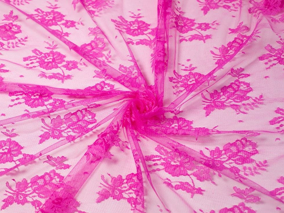 Minerva Pink Core Range Deadstock Chantilly Tulle Lace Fabric - Flowers Design Dressmaking Fabric, 130 Cm / 52" Wide - Per Metre - Candy