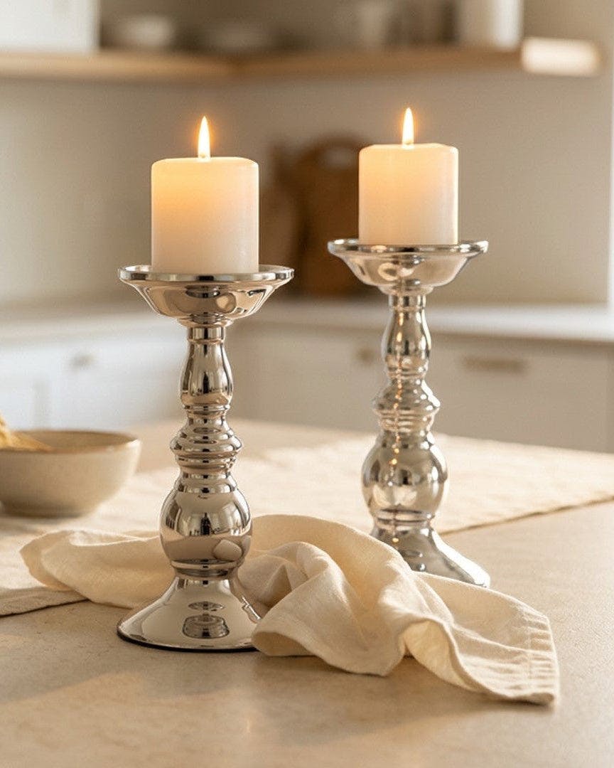 Elvida Interiors Silver Tall Metal Pillar Candle Holder