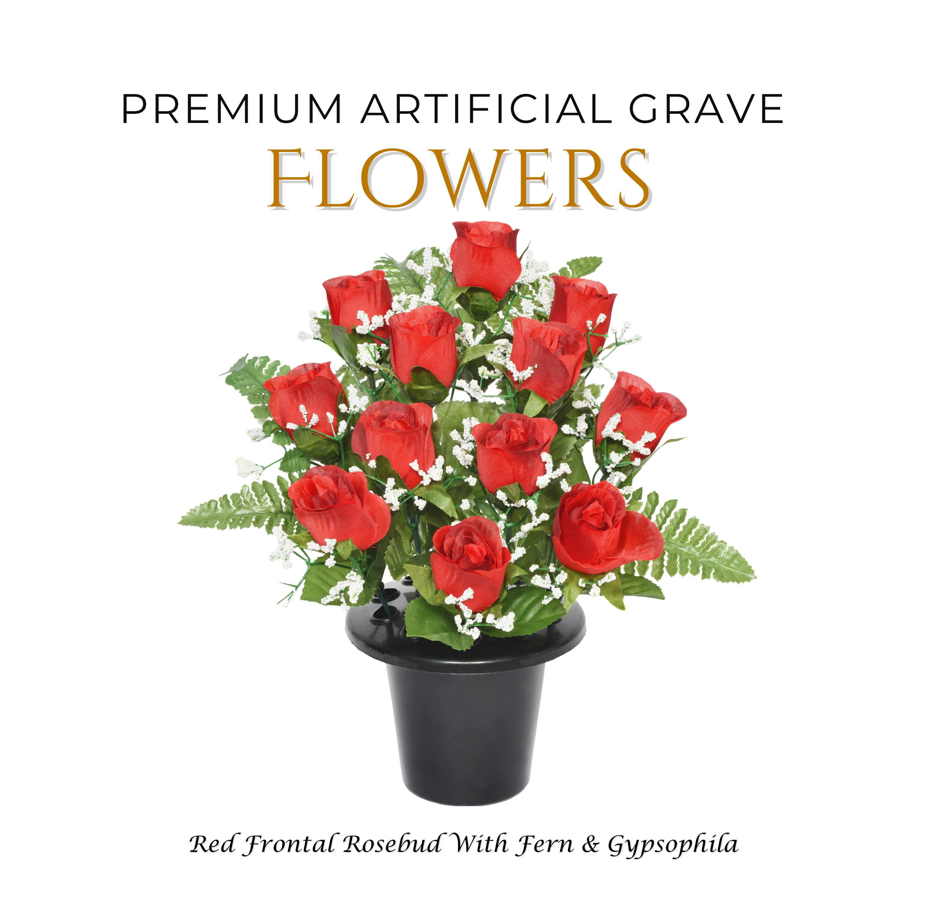 Memorials Direct Red Premium Artificial Grave Flowers – 29Cm Frontal Rosebud With Fern & Gypsophila | Memorial Vase Pot