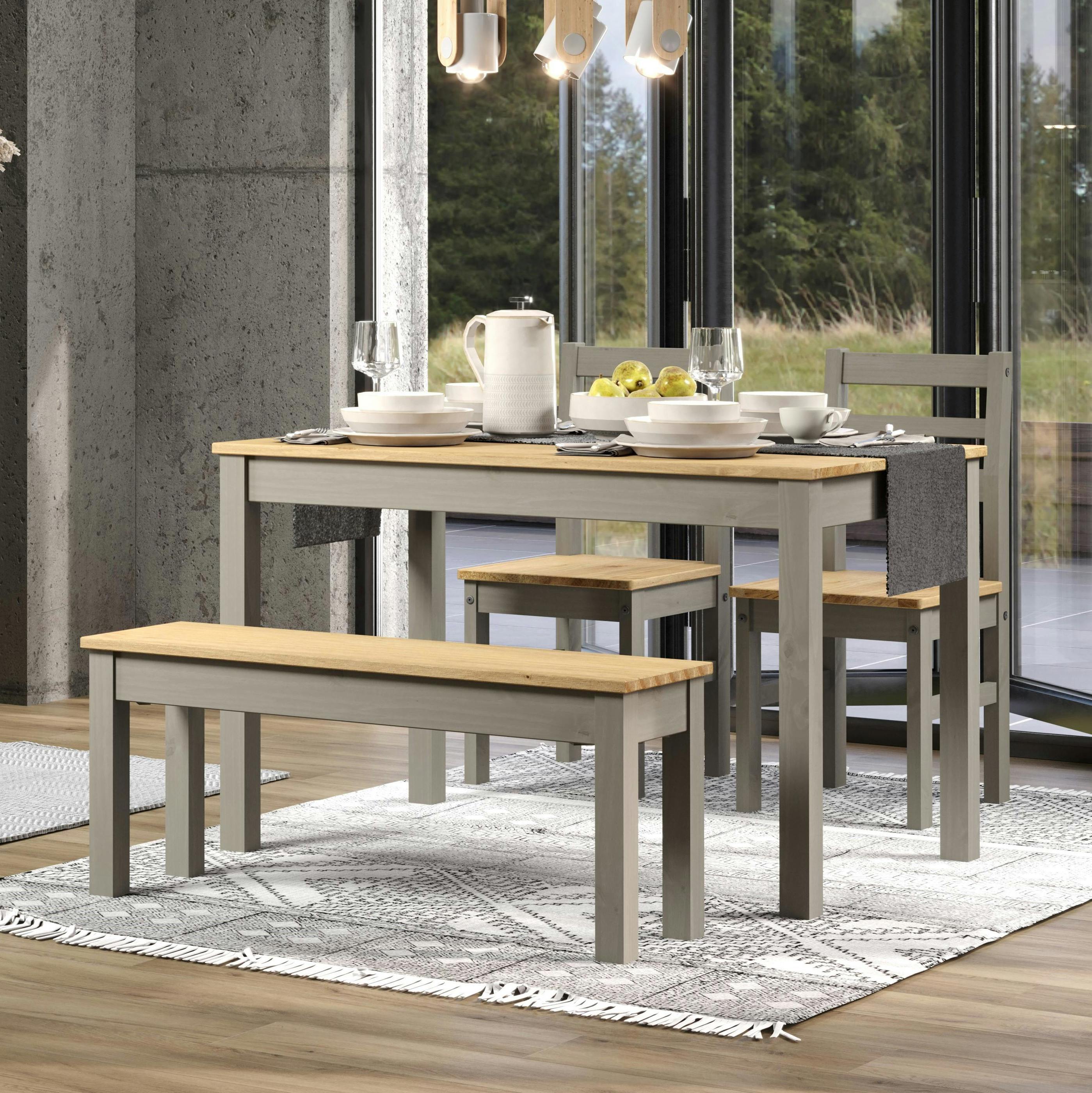 Rackhams Grey Linea 4-Piece Dining Set, Table, Bench & 2 Chairs, Scandinavian Design
