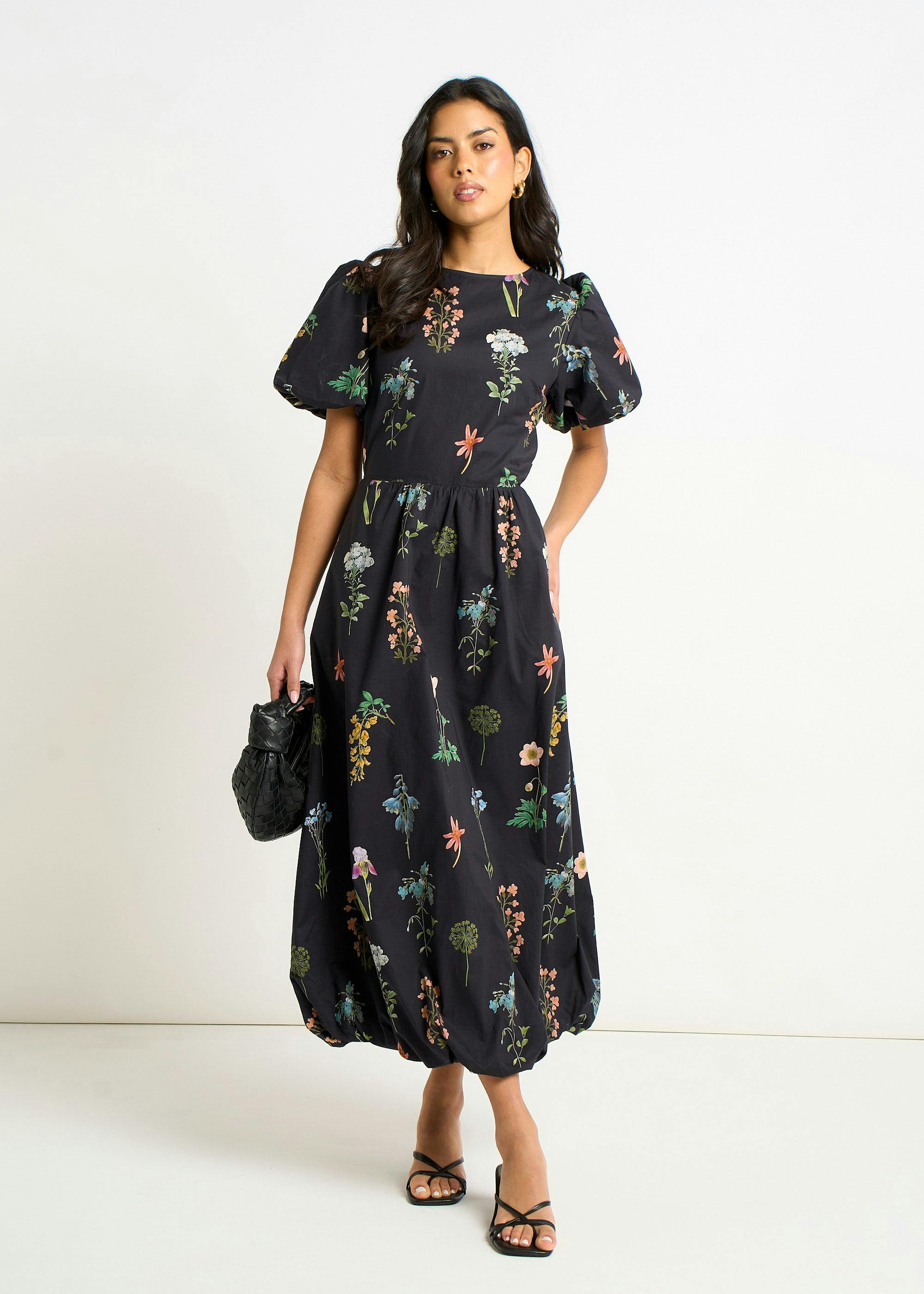 Gini London Navy Cotton Floral Print Puff Ball Midi Dress - Uk 16 / Us 12 / Eu 44