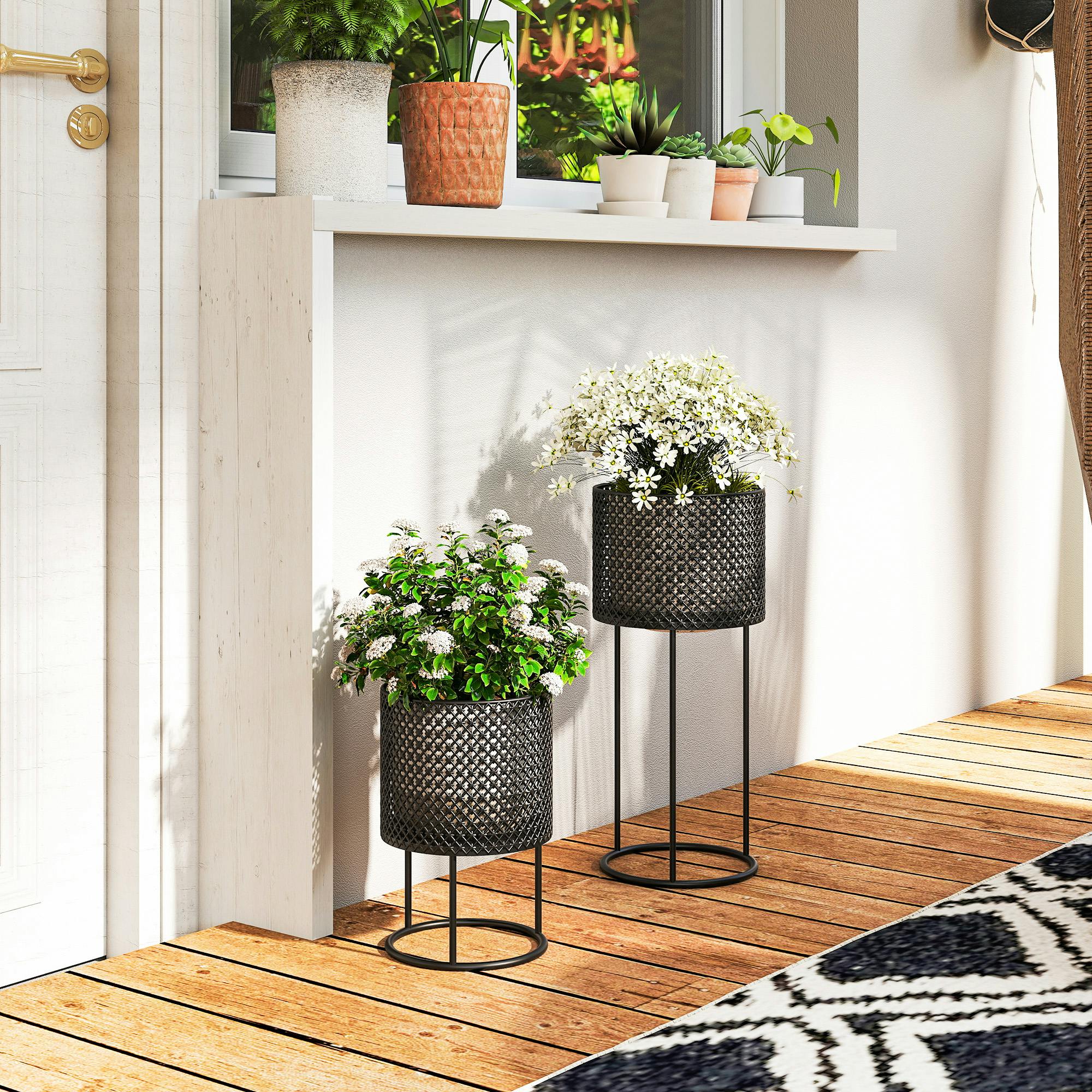 Outsunny Black Metal Plant Pots Flower Planters Set Of 2 For Indoor Outdoor