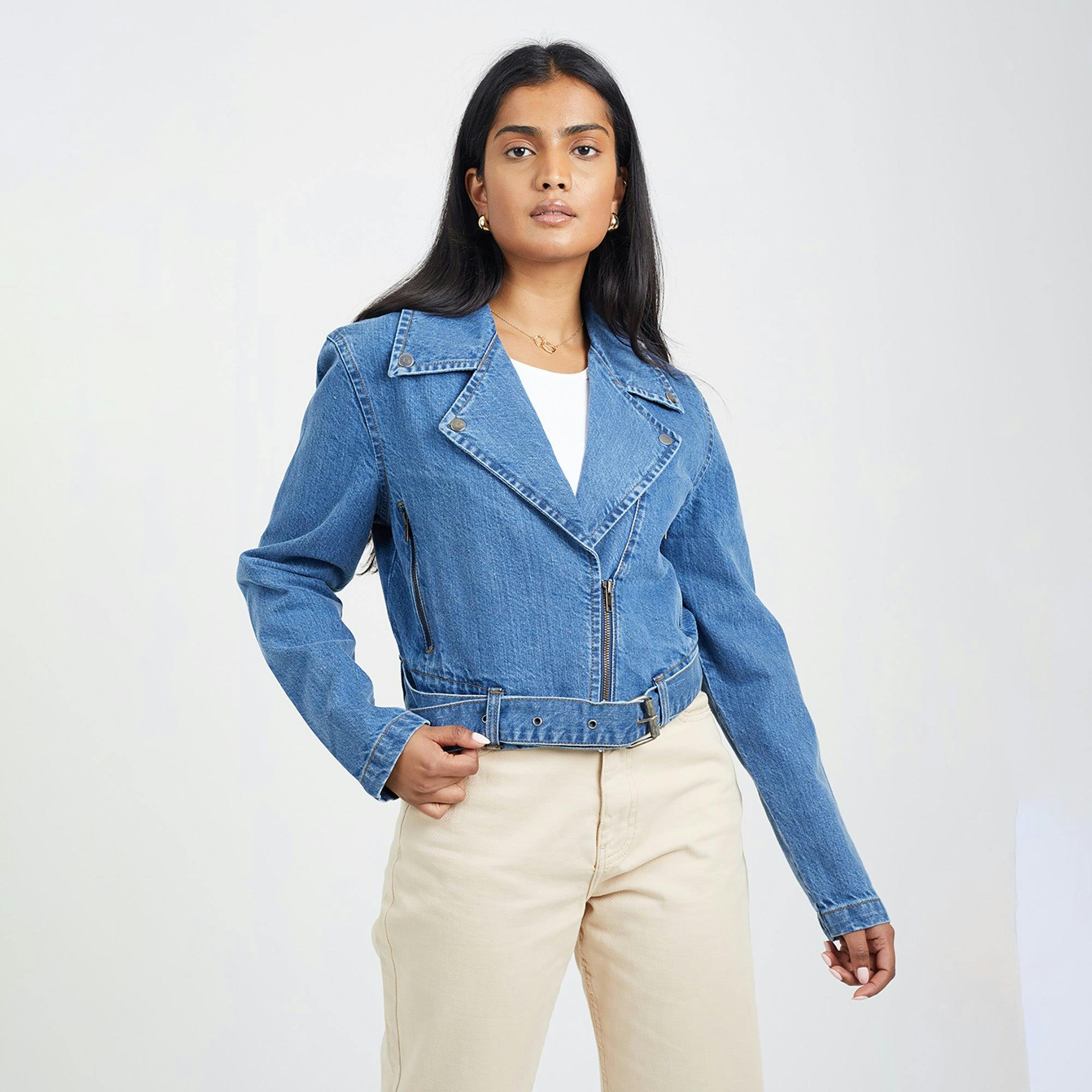 Brave Soul Blue Denim Biker Jacket - Mid - Mid - 14