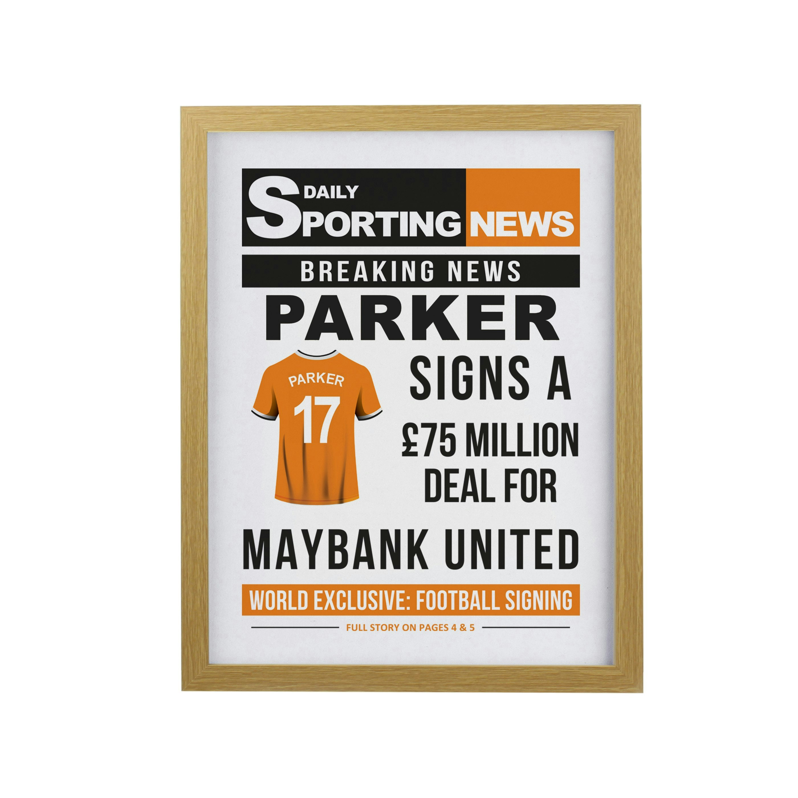Personalised Memento Company Personalised Football News Oak Poster Frame