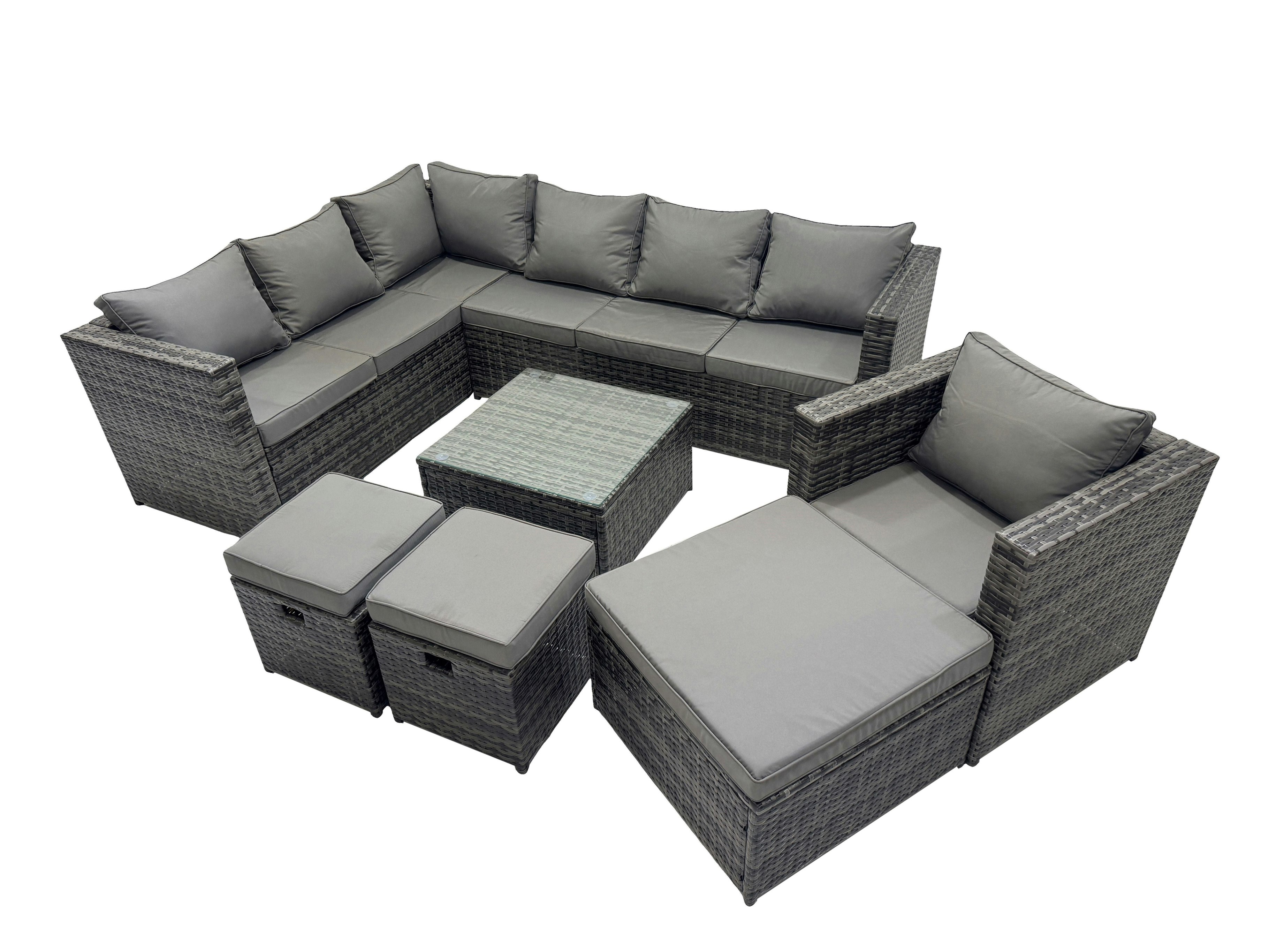 Fimous Dark/Grey Rattan Garden Furniture Patio Furniture Sets With Corner Sofa Chair Square Coffee Table 3 Footstools Mixed