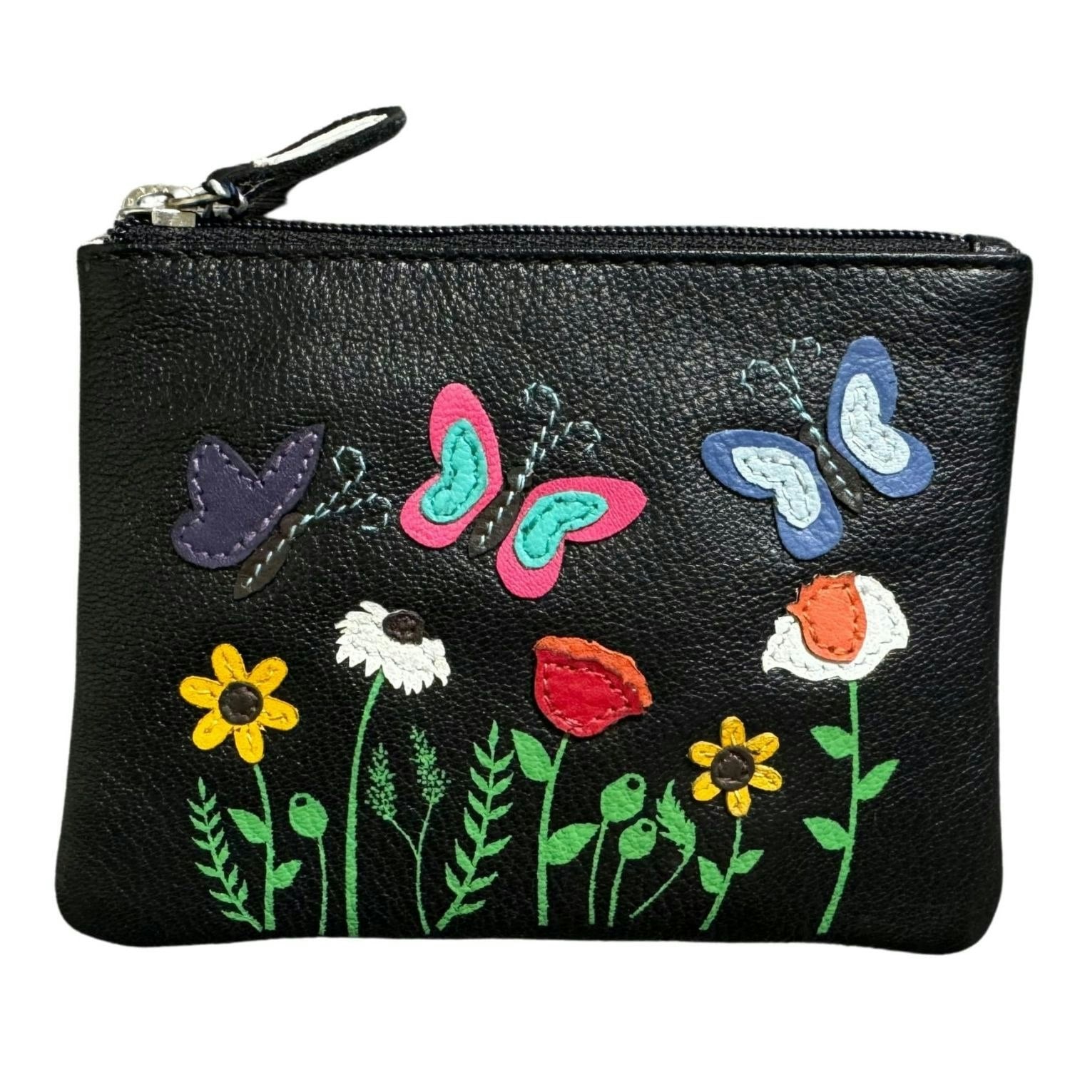 Mala Leather Black Sophia Butterflies & Flowers Leather Coin And Card Purse