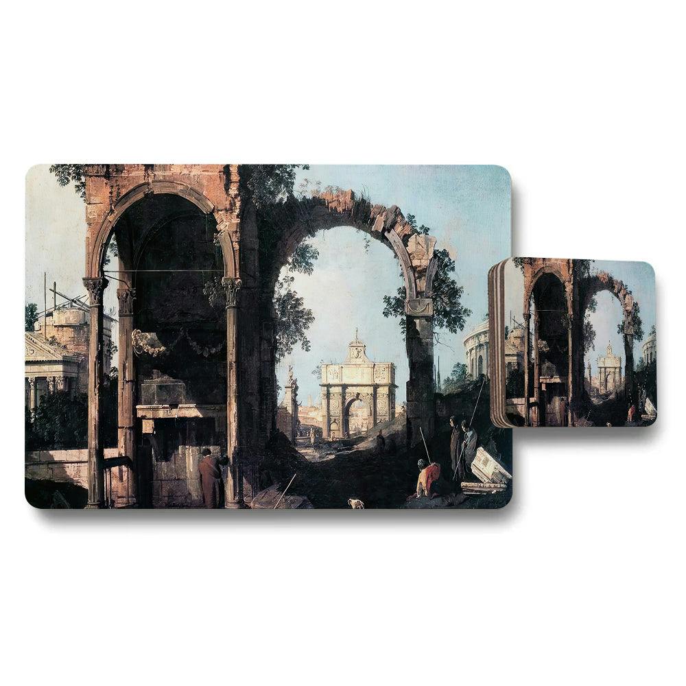Benjamin Tate Design Vintage Architectural Ruins Arch Scene Placemat And Coaster Set