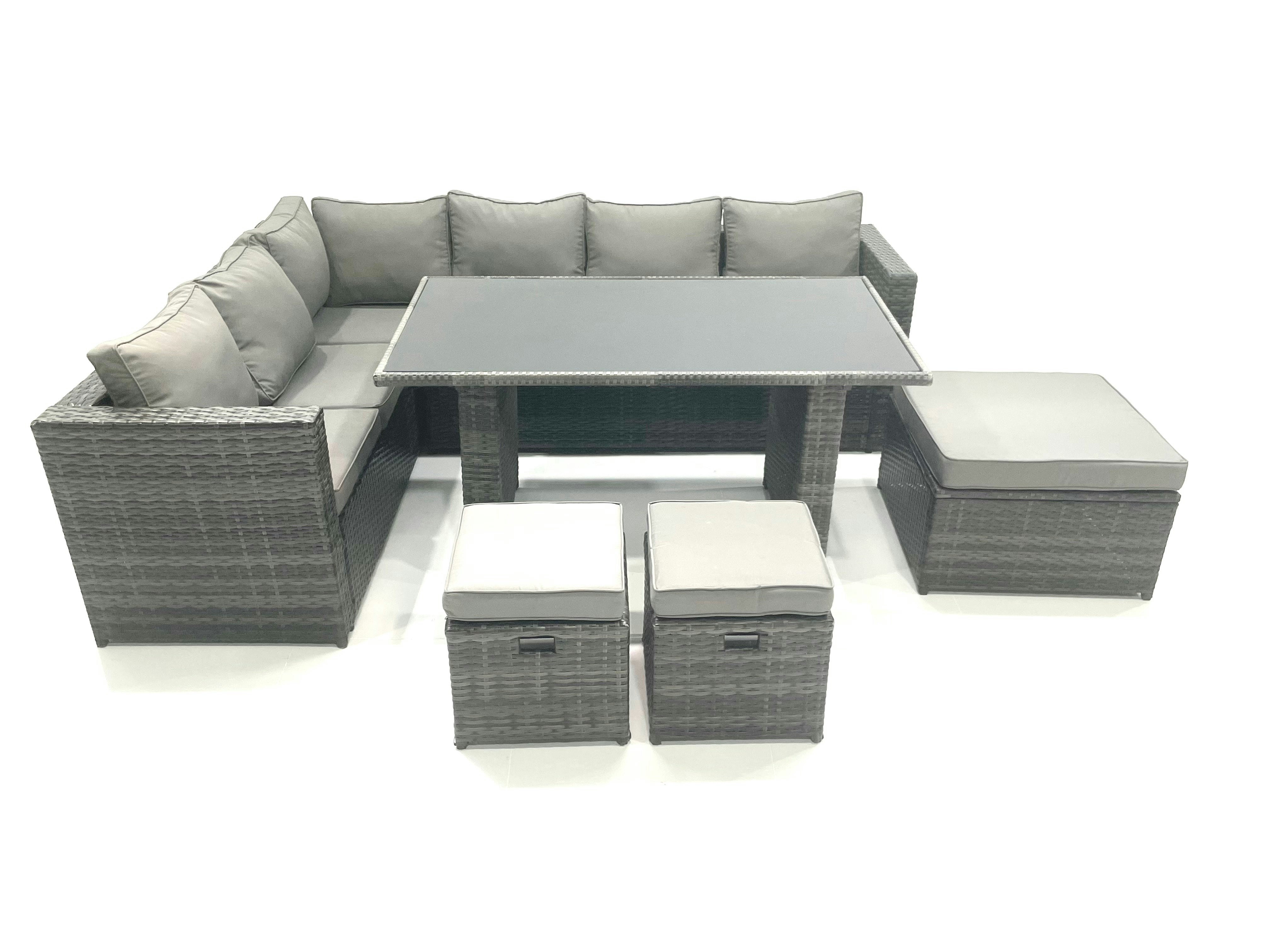 Fimous Black/Dark/Grey Pe Rattan Corner Sofa Set Rectangular Dining Table Set With Seat And Back Cushion 7 Seater
