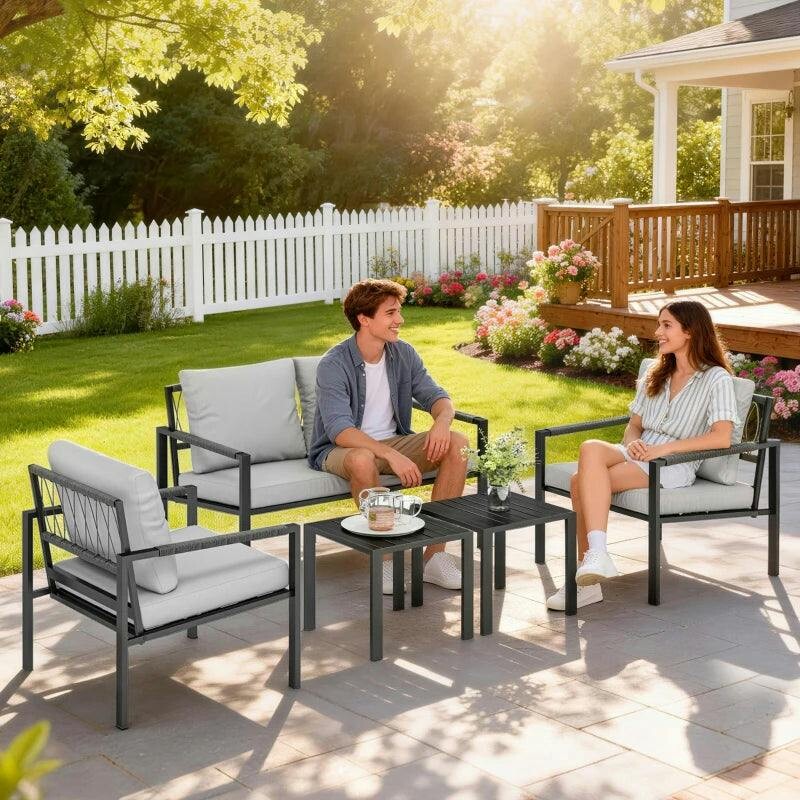 Rackhams Light/Grey 5 Piece Metal Garden Furniture Sofa Set With Cushions, - Image 6