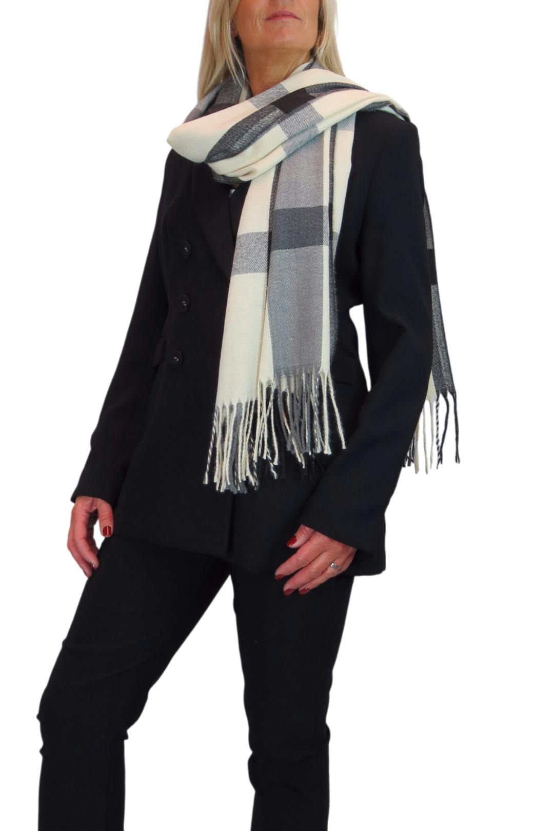 Paulo Due Light/Grey Wool Pashmina Shawl Oversized Plaid Wrap Scarf