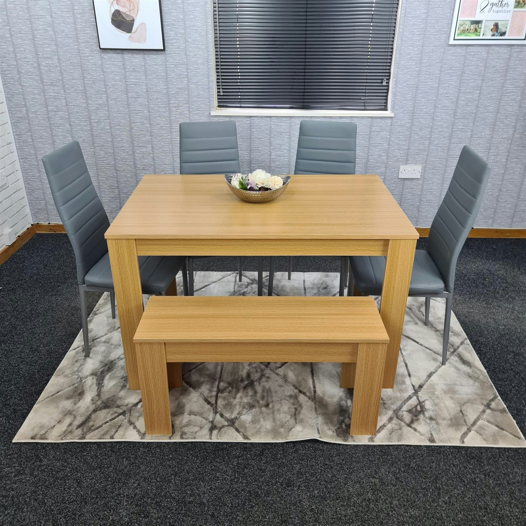 B&Q - Oak Effect Dining Table Set With 4 Grey Chairs And Bench Dining Room Furniture - Image 6