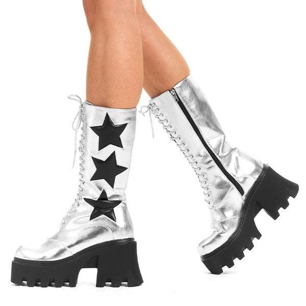 Lamoda Black/Dark Silverpu Big League Chunky Platform Calf Boots Star Bold Fashion - Uk3