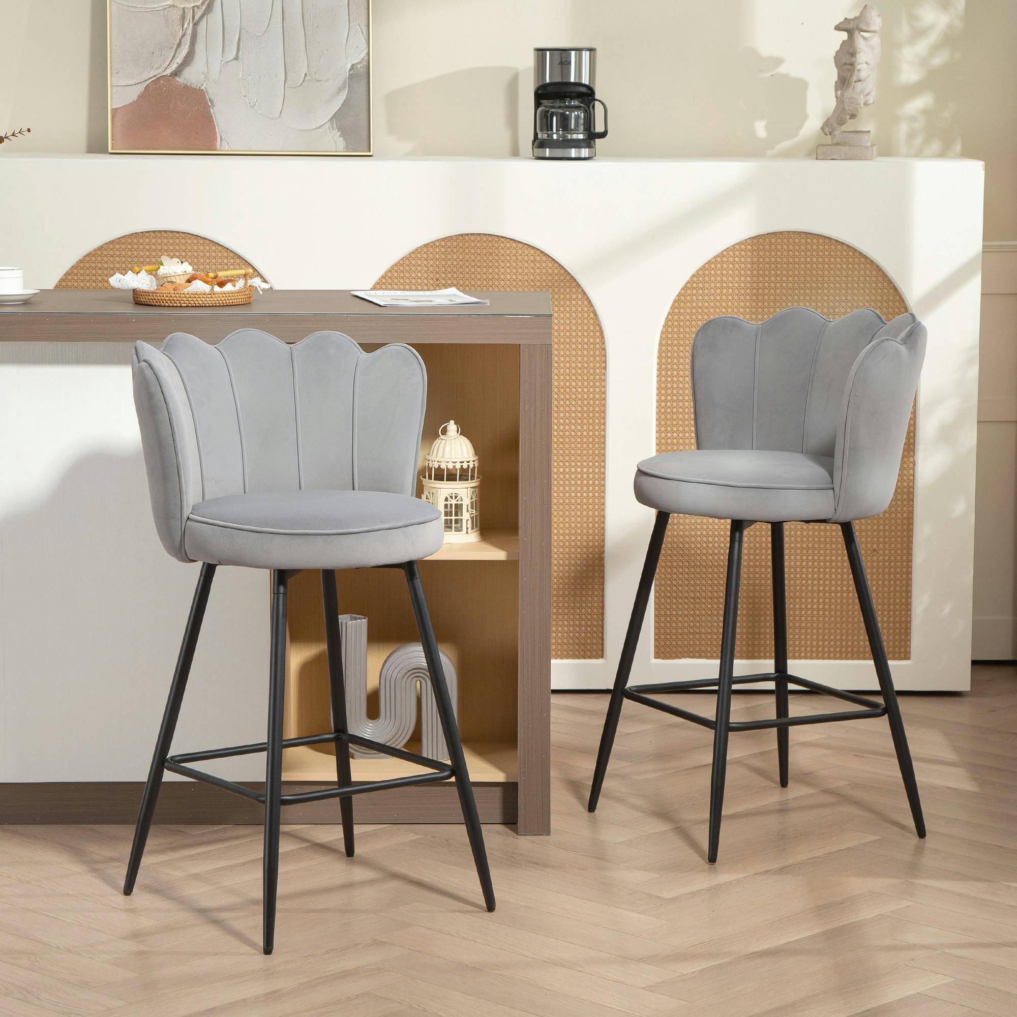 Homcom Dark/Blue/Grey Set Of 2 Barstools With Petal Backrest For Kitchen Island