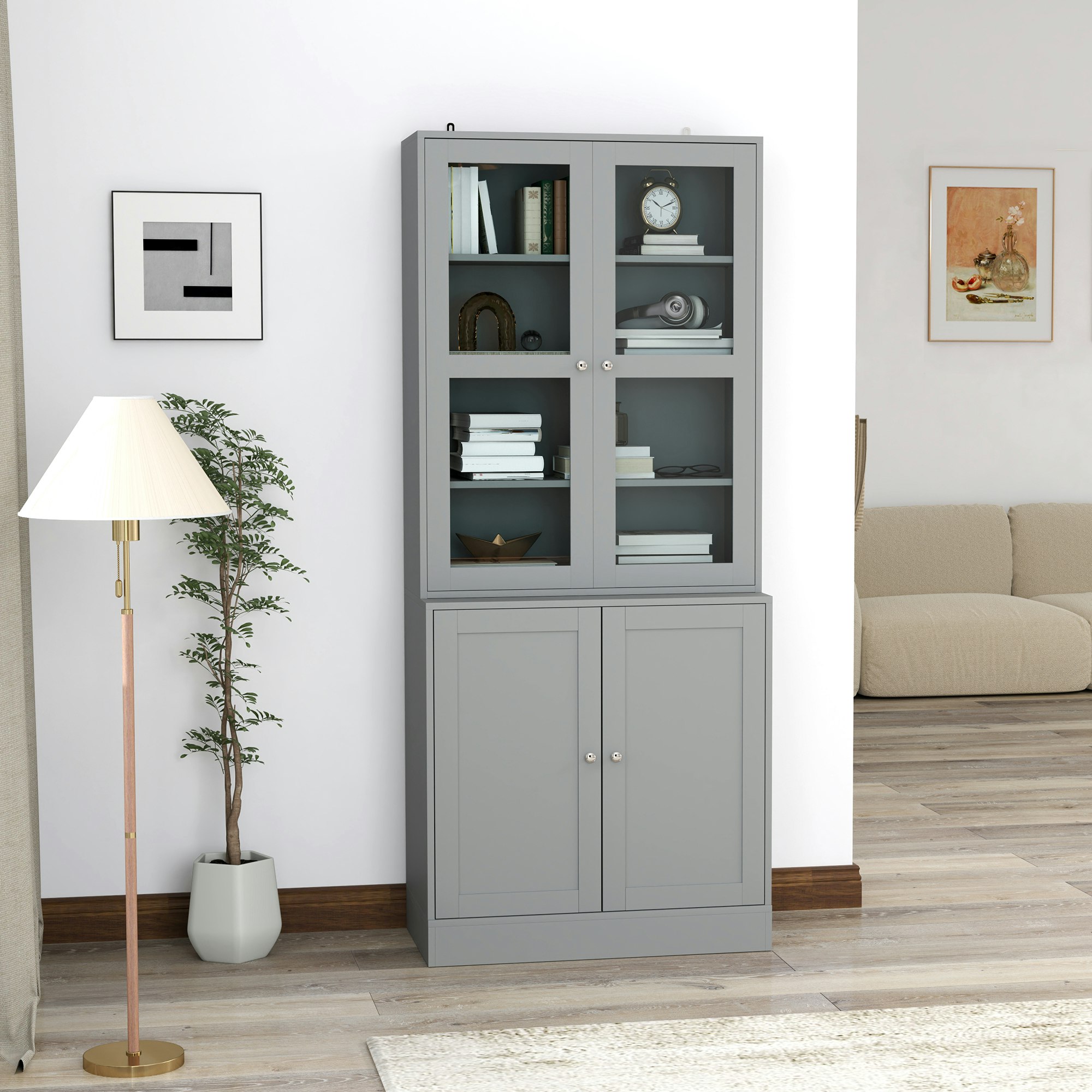 Rackhams Grey Modern Bookcase Display Storage Cabinet W/ Doors Adjustable Shelves