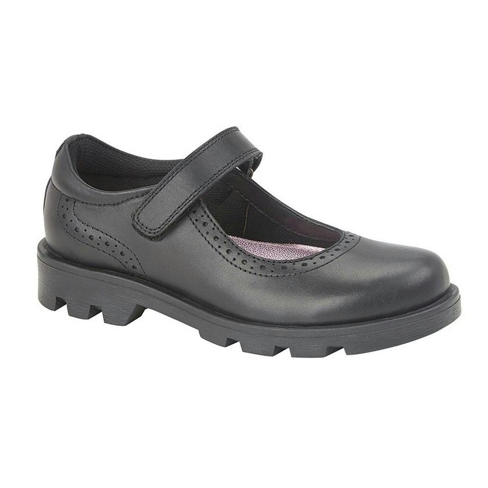 Roamers Girls Black Leather Touch Fastening Bar Shoe - 11 Uk Child - 50% Leather/50% Tpr