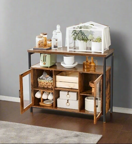 Modcraft Rustic Sideboard Buffet Table With Glass Doors – Storage Cabinet With Adjustable Shelves