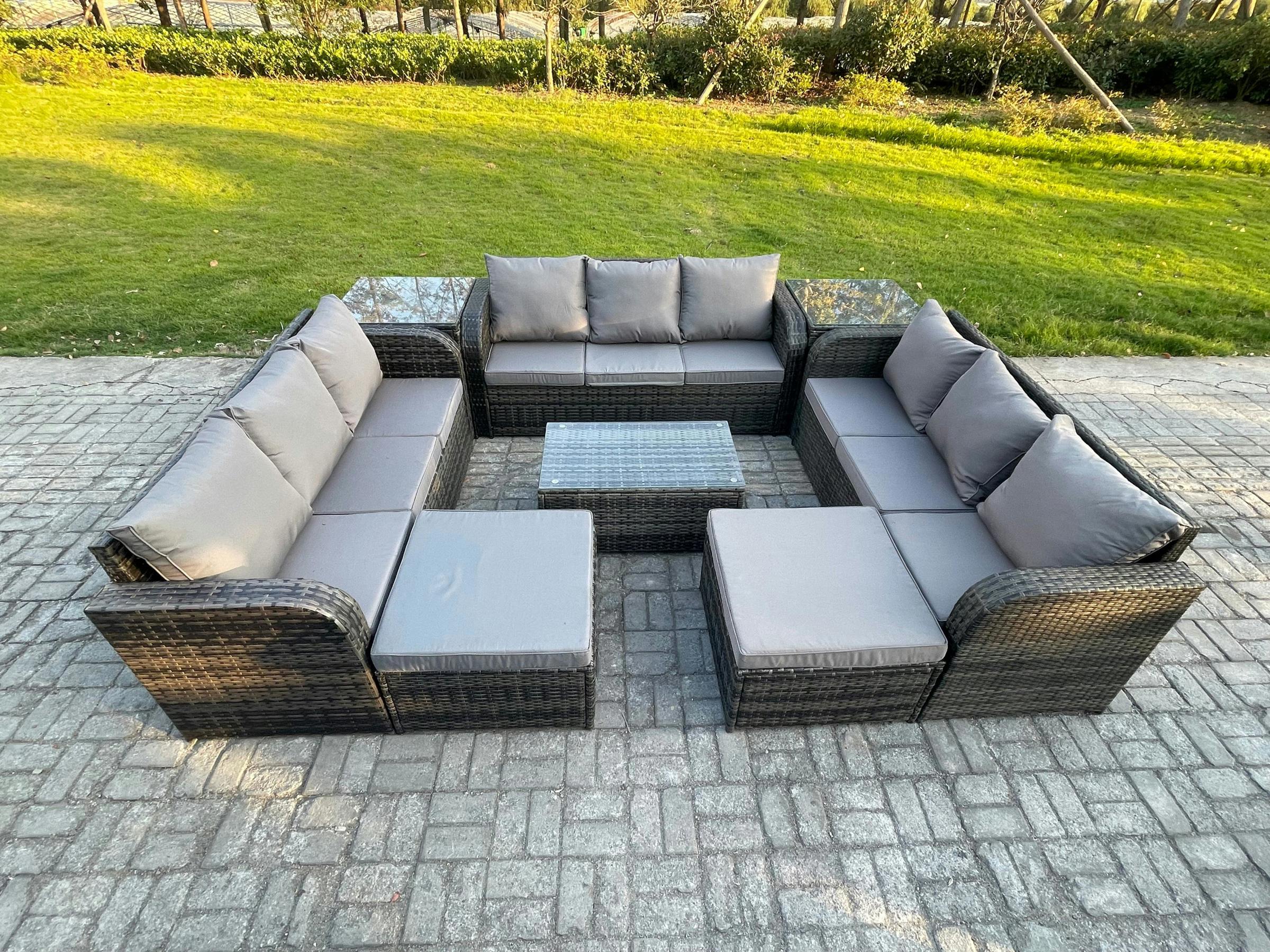Rackhams Dark/Grey 11 Seater Rattan Garden Furniture Set With Oblong Coffee Table, 3 Sofas, 2 Footstools & 2 Side Tables