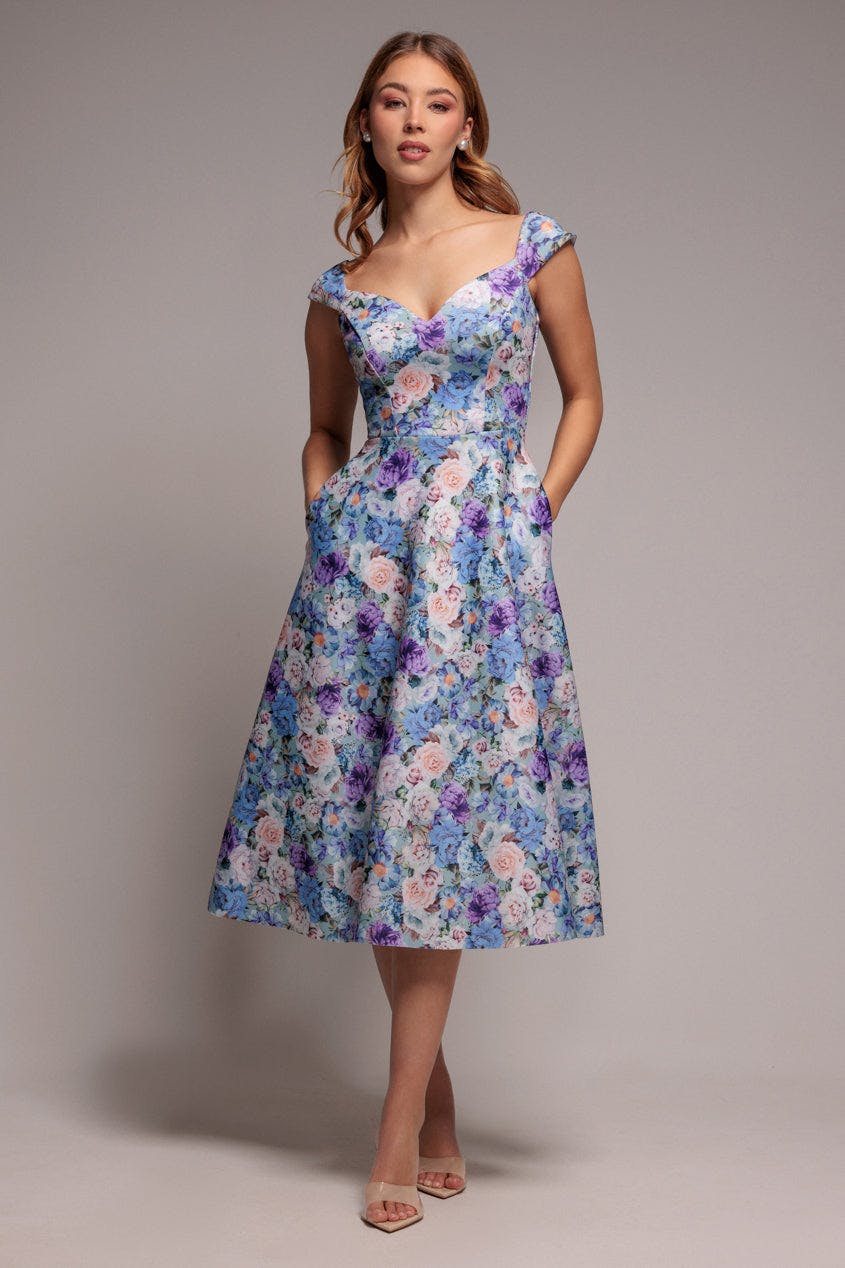 Goddiva Green Floral Print A-Line Sweetheart Midi Dress - Sage By - Sage - 12