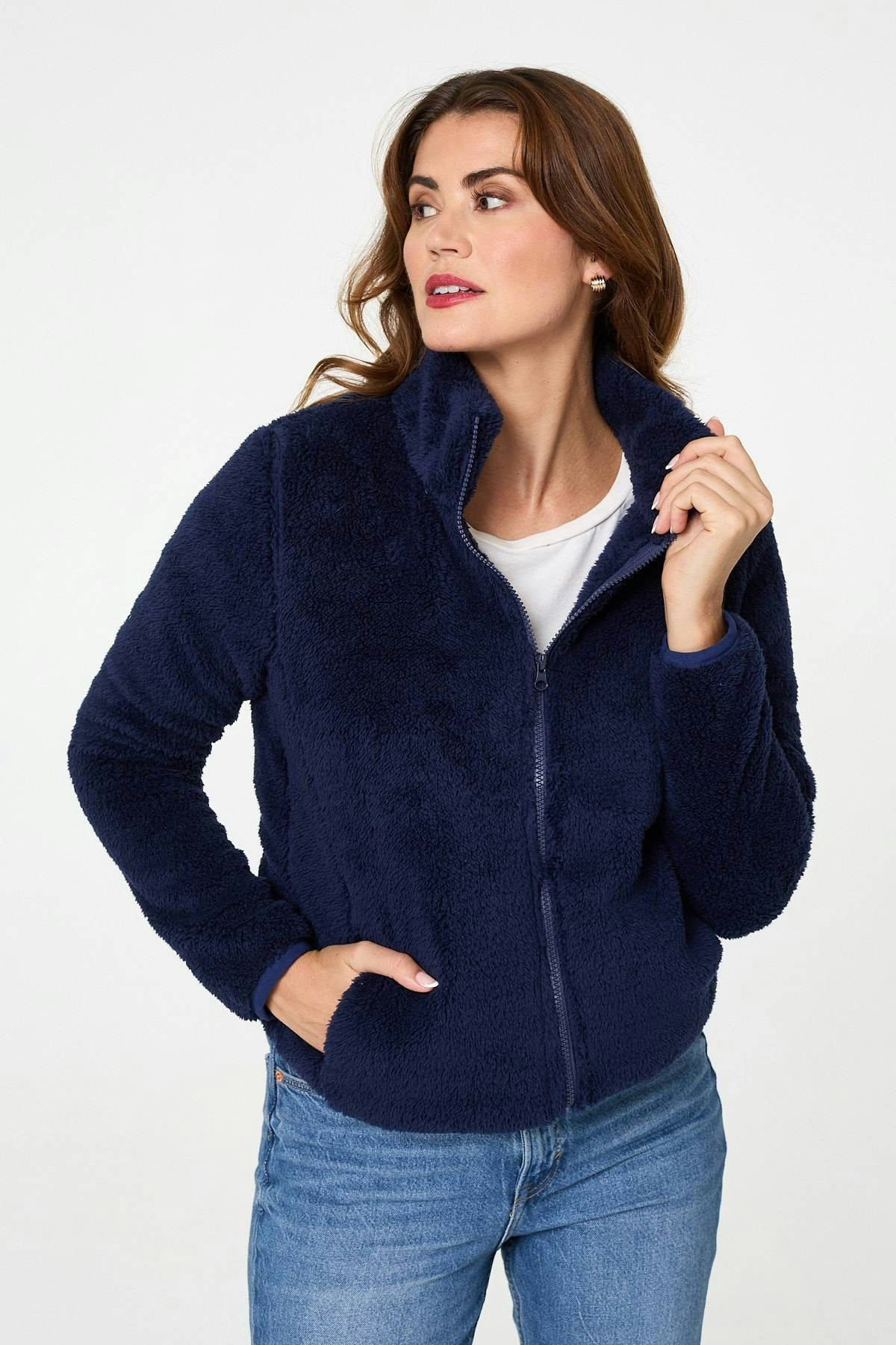 Izabel London Soft Texture Zip Front High Neck Fleece - 12 - Navy