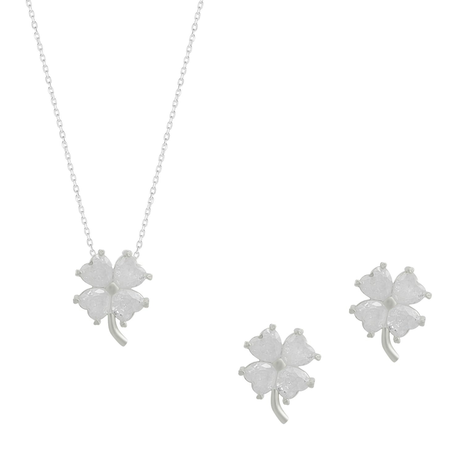 Spero London Silver/White Four Leaf Clover Sterling Necklace And Earring Set
