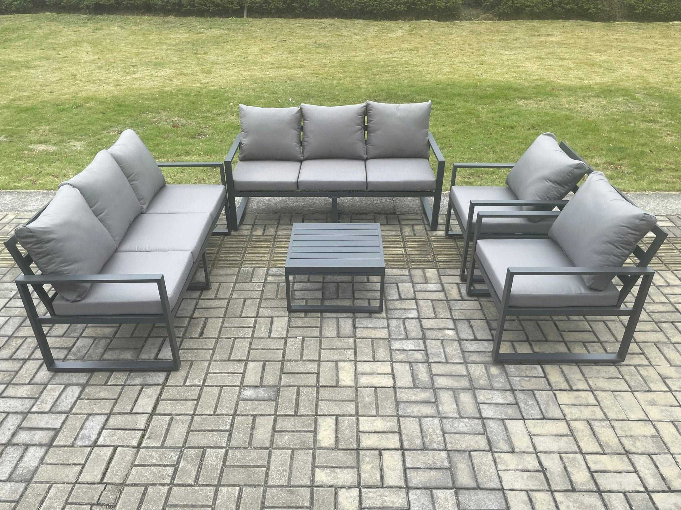 Rackhams Dark/Grey Aluminium Outdoor Lounge Sofa Set Garden Furniture Sets With Square Coffee Table 2 Chairs 8 Seater