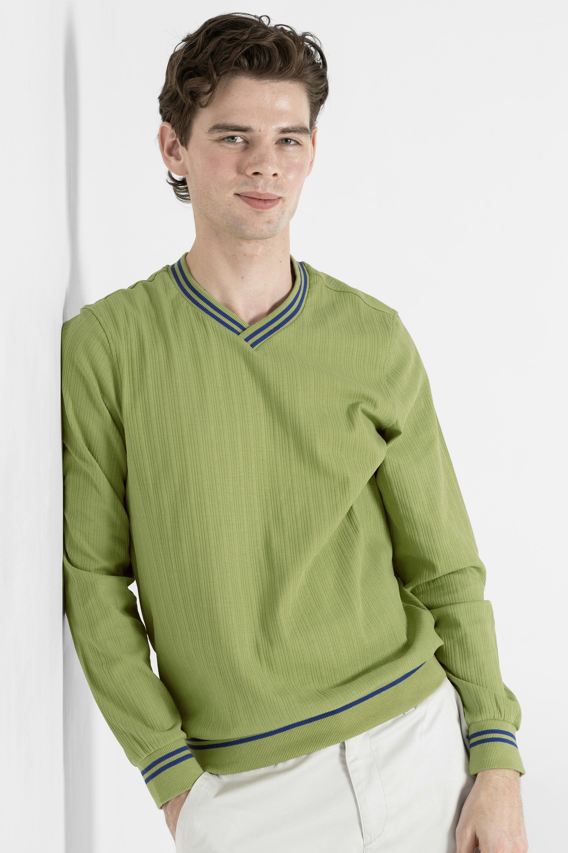 Enorsia Green Contrast Ribbing V-Neck Sweatshirt - Xl - 95% Cotton, 5% Spandex
