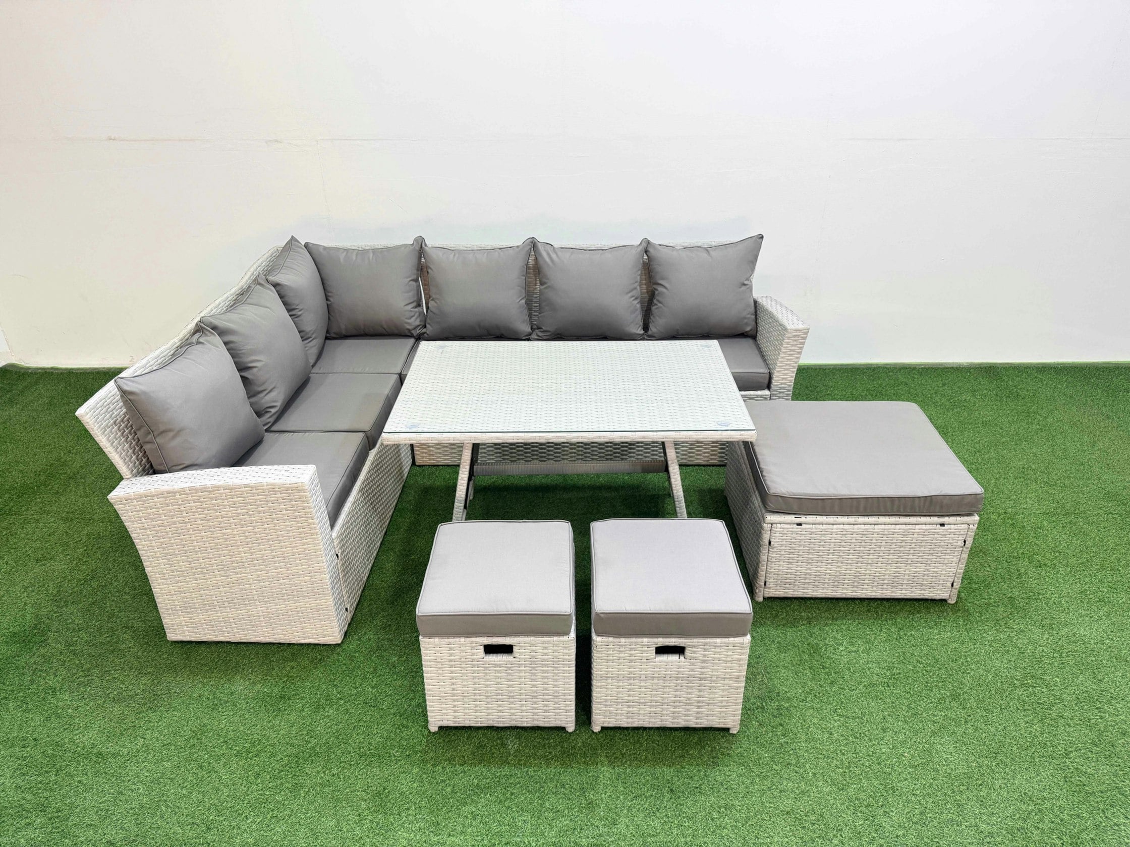 Fimous Light/Grey Garden Outdoor Rattan Furniture Set Rattan Corner Sofa Oblong Dining Table Set With 3 Footstools Mixed 9 Seater