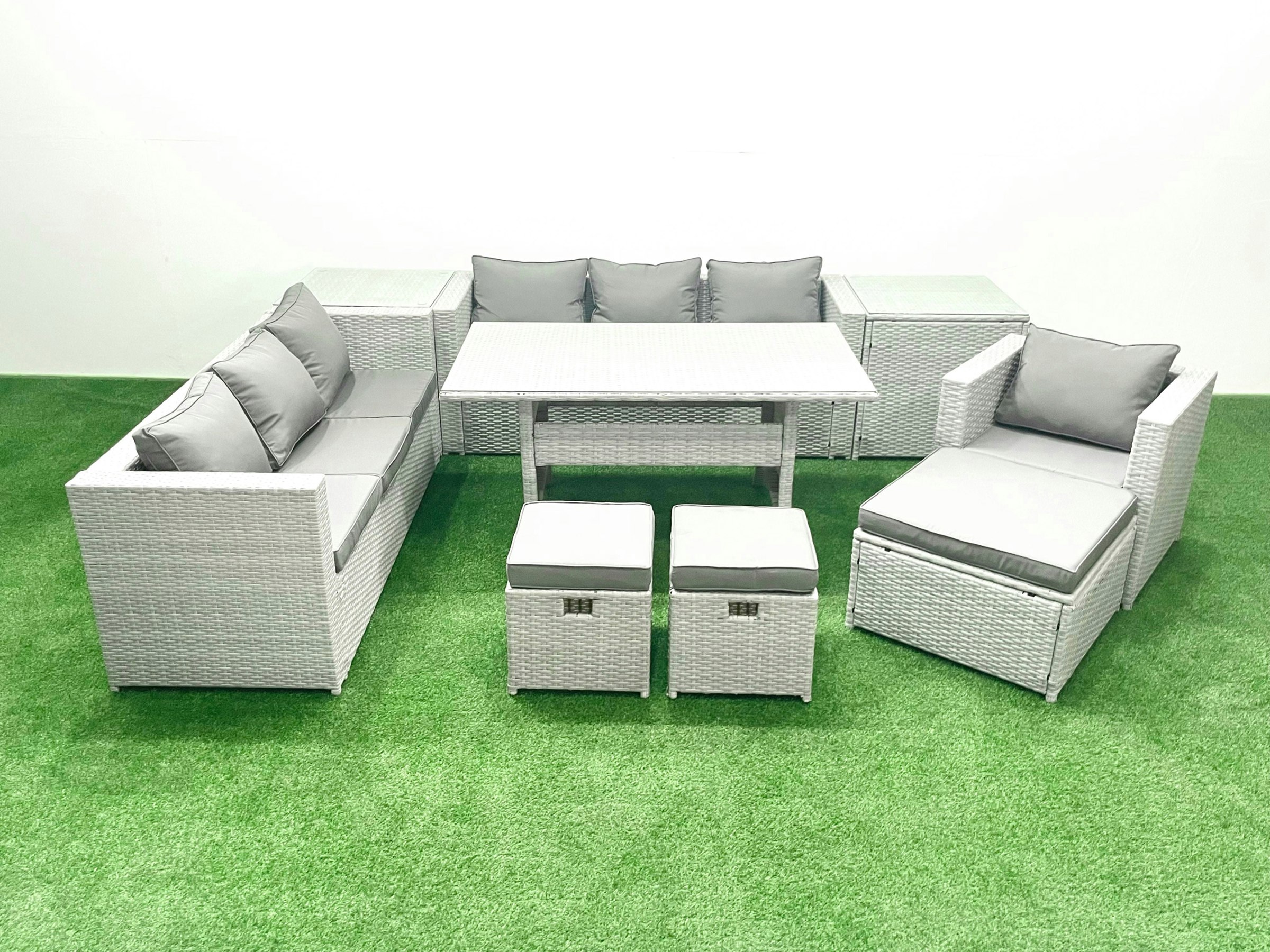 Rackhams Light/Grey 9 Pieces Outdoor Rattan Sofa Set With Cushions Patio Garden Furniture Sets With Armchair Dining Table 2 Side Tables 3 Footstools