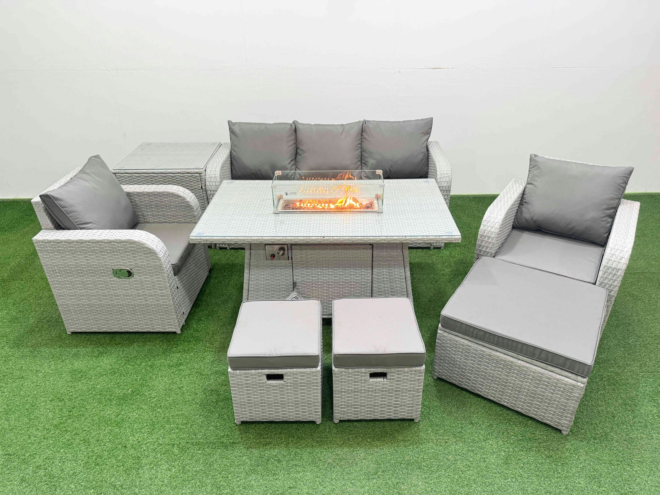 Fimous Light/Grey Pe Rattan Garden Furniture Set Reclining Chair Sofa Lounge Sofa Set Fire Pit Dining Table Side Table 3 Stools