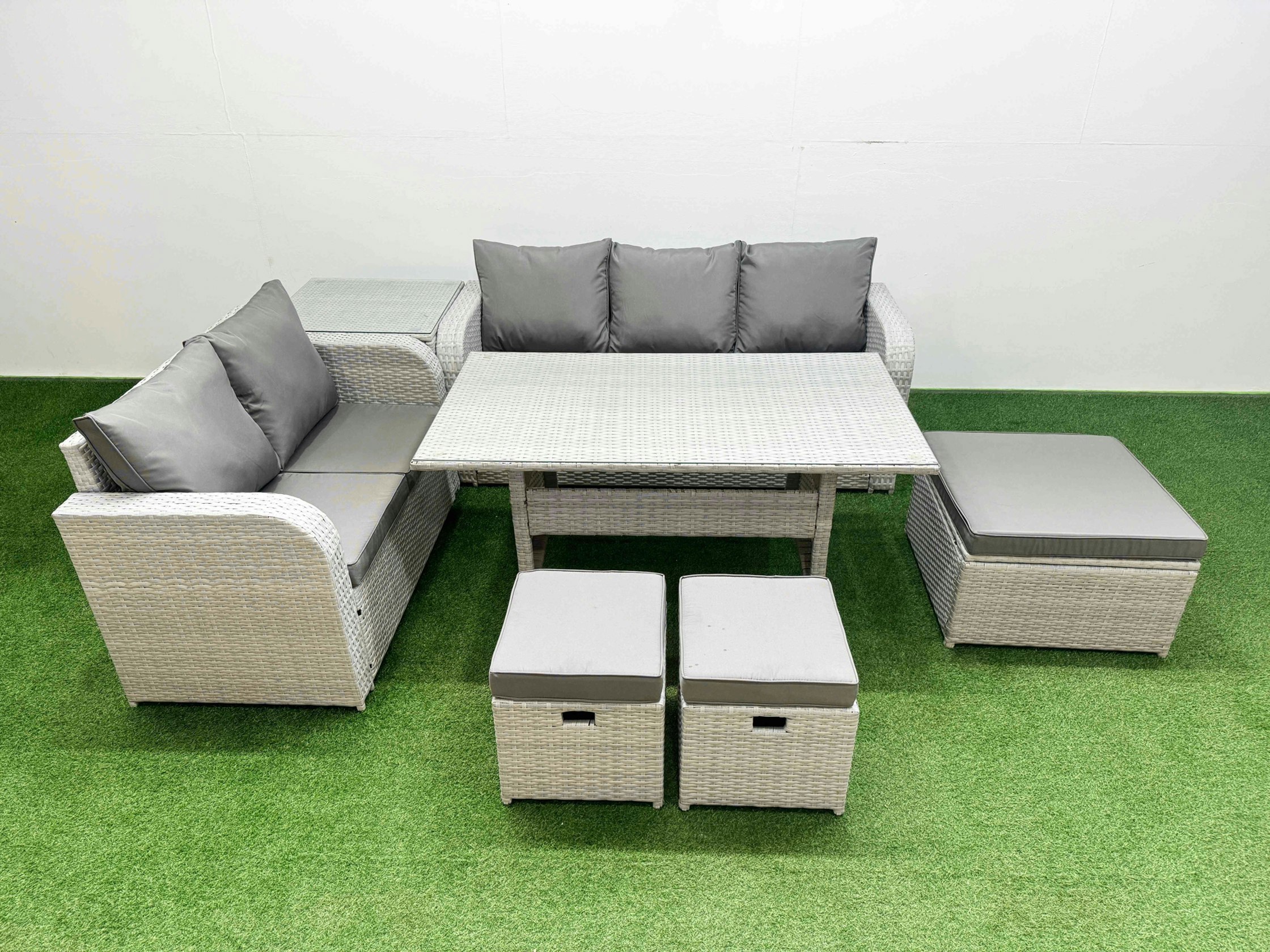 Rackhams Light/Grey/Dark 8 Seater Pe Rattan Wicker Garden Furniture Patio Conservatory Sofa Set With Rectangular Dining Table 3 Seater Sofa Love Sofa 3 Stool Side Table
