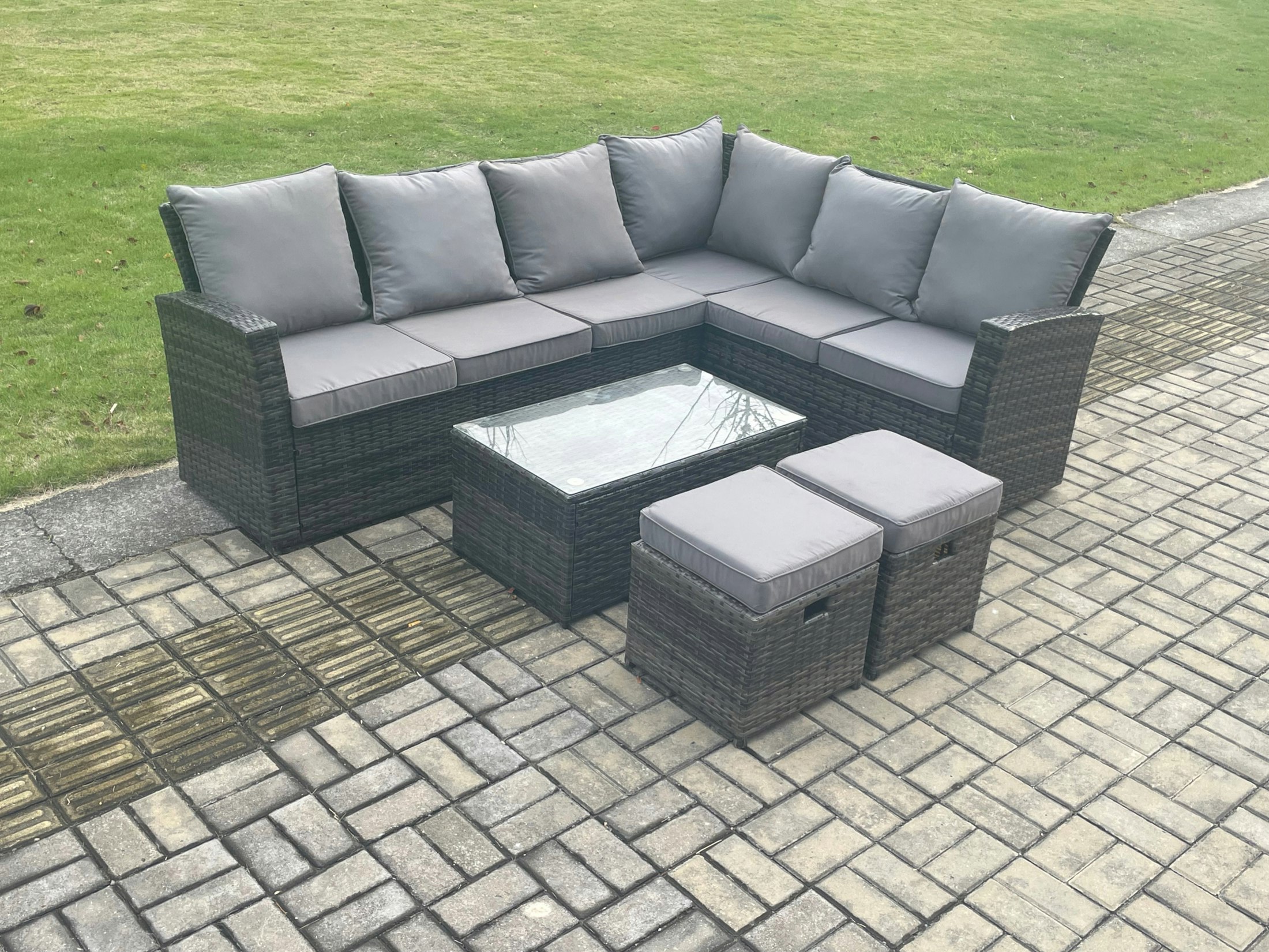 Rackhams Dark/Grey Wicker Pe Outdoor Garden Furniture Set High Back Rattan Corner Sofa Set With Rectangular Coffee Table 2 Small Footstools