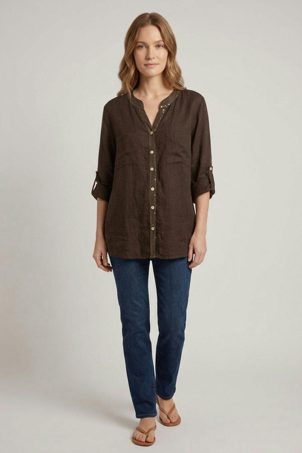 Izabel London Brown Sequin Trim 3/4 Sleeve Relaxed Shirt - 8