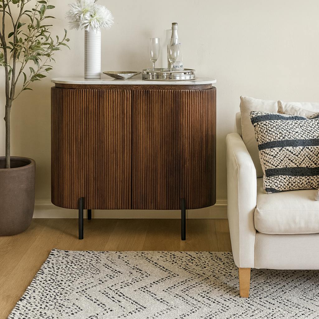 Rackhams Black Alabama Ribbed Solid Wood Sideboard Drinks Cabinet With Marble Top And Metal Legs
