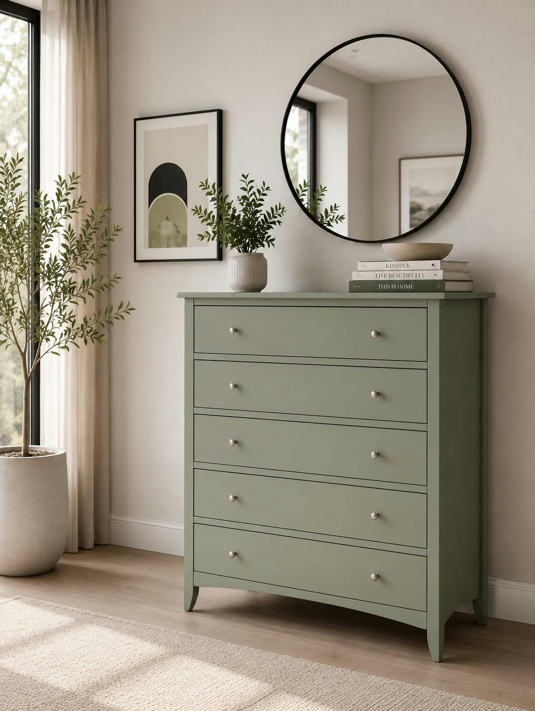Rackhams Green Edward Hopper Modern Chest Of Drawers, 5 Drawer Assembled Wooden Storage - Pale Olive,