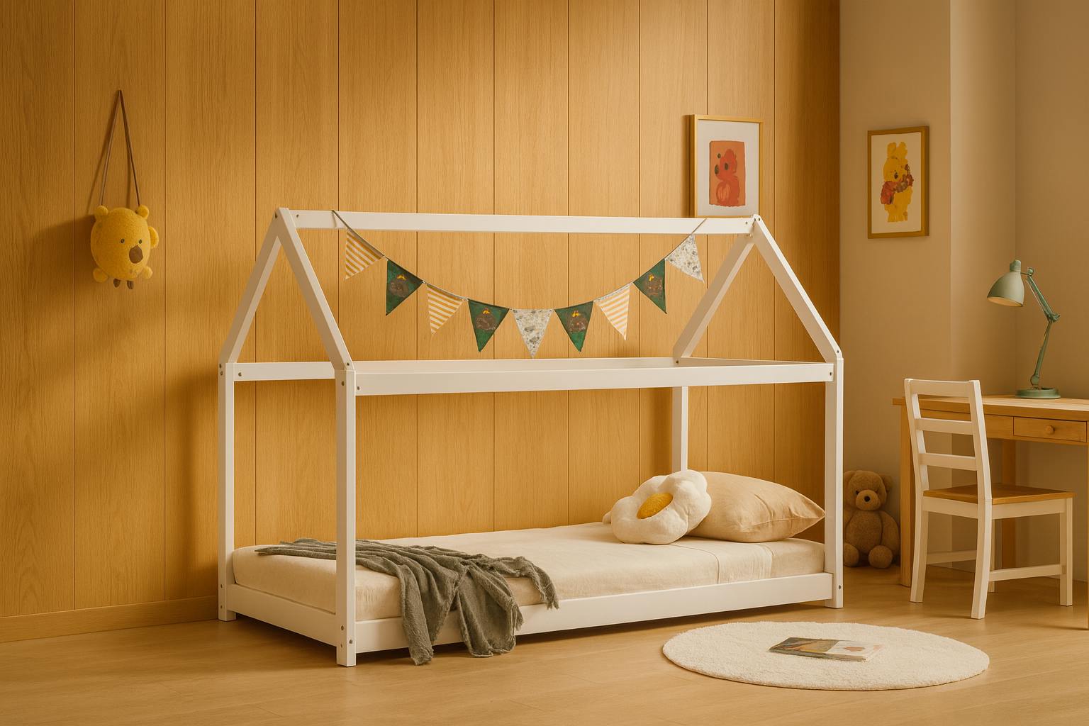 Maserri White Ely Montessori House Bed For Kids, Solid Pine, 3Ft Single