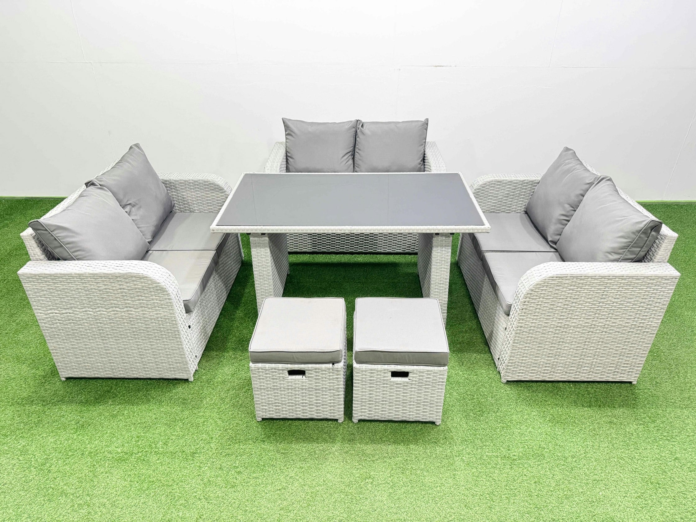 Rackhams Black/Light/Grey 8 Seater Patio Garden Furniture Sets With Glass Top Dining Table Love Sofa 2 Small Stool
