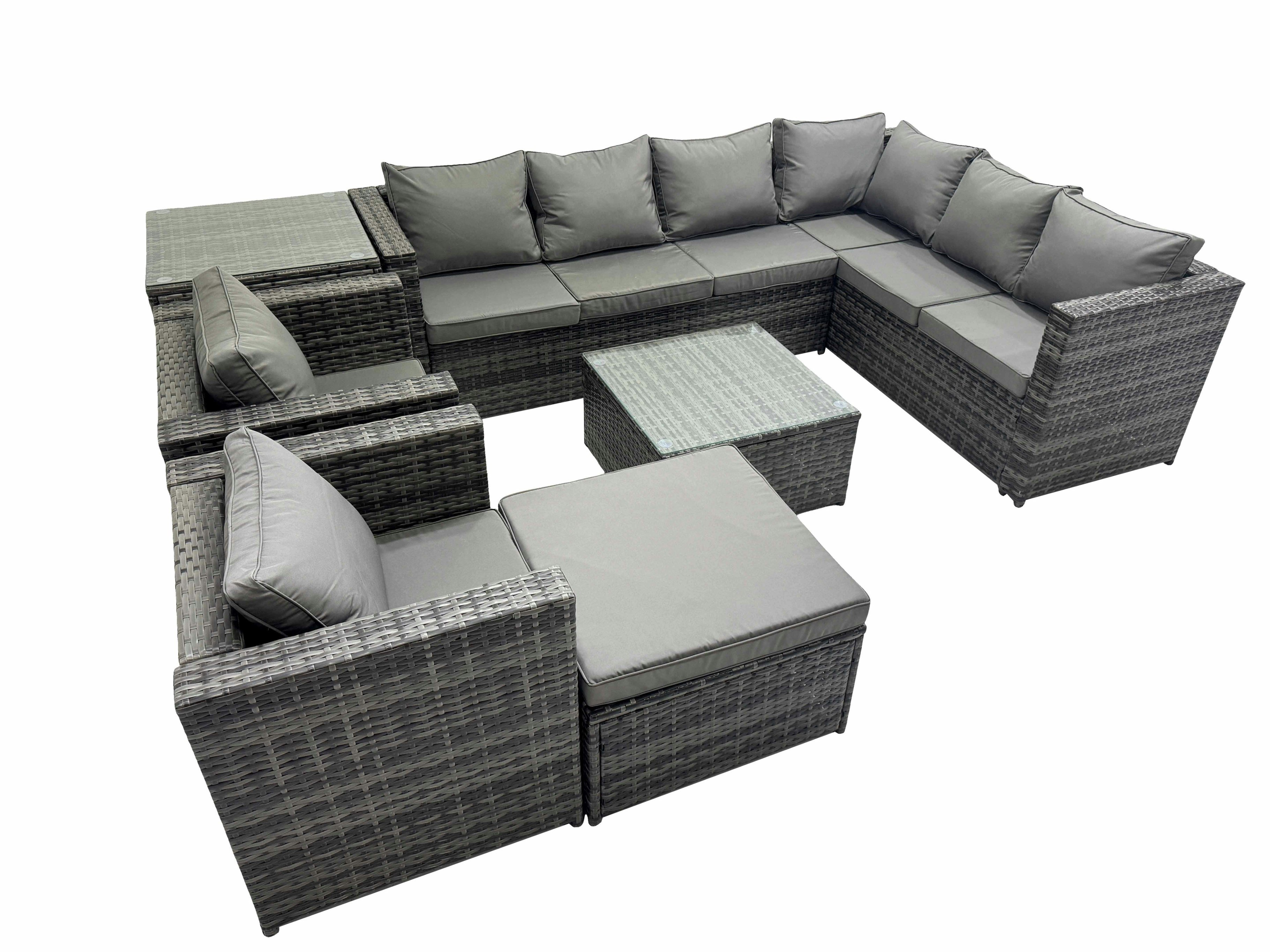 Fimous Dark/Grey Outdoor Pe Rattan Garden Furniture Sofa Set With Square Coffee Table Big Stool Side Table 2 Chair