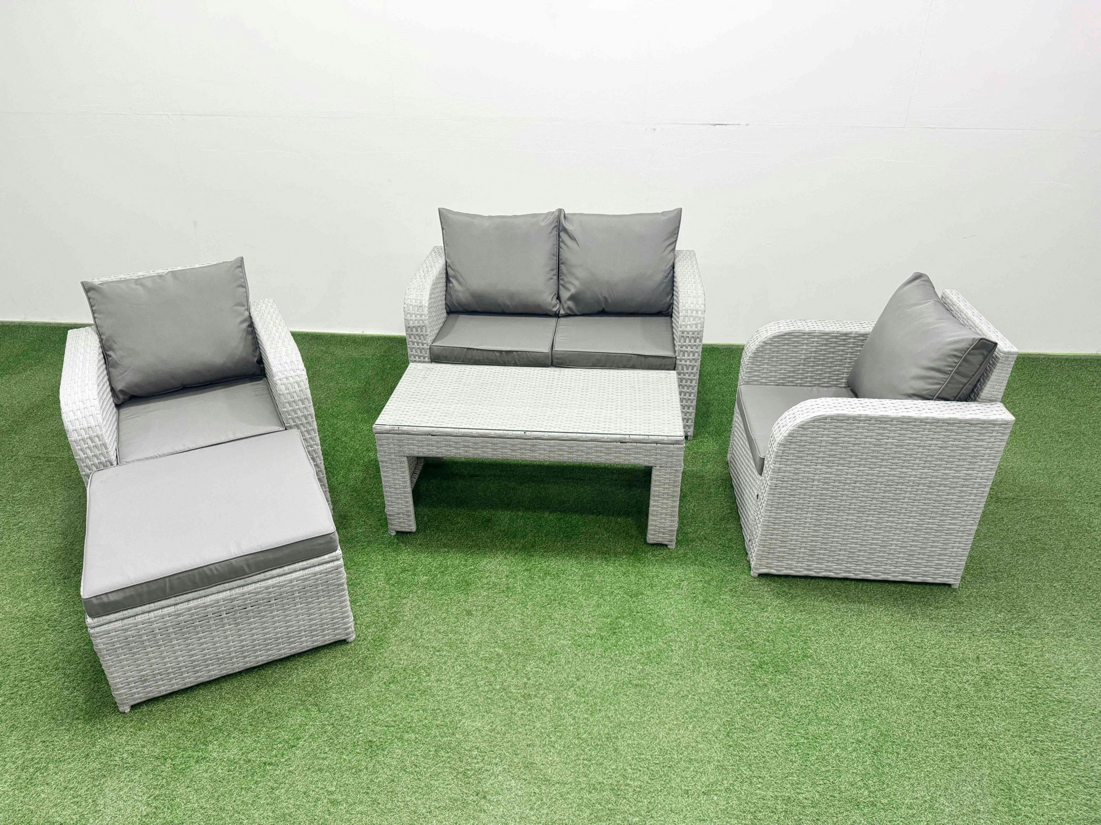 Fimous Light/Grey Pe Wicker Rattan Garden Furniture Set Sofa Set Reclining Adjustable Chair Oblong Coffee Table 5 Seater With Footstool