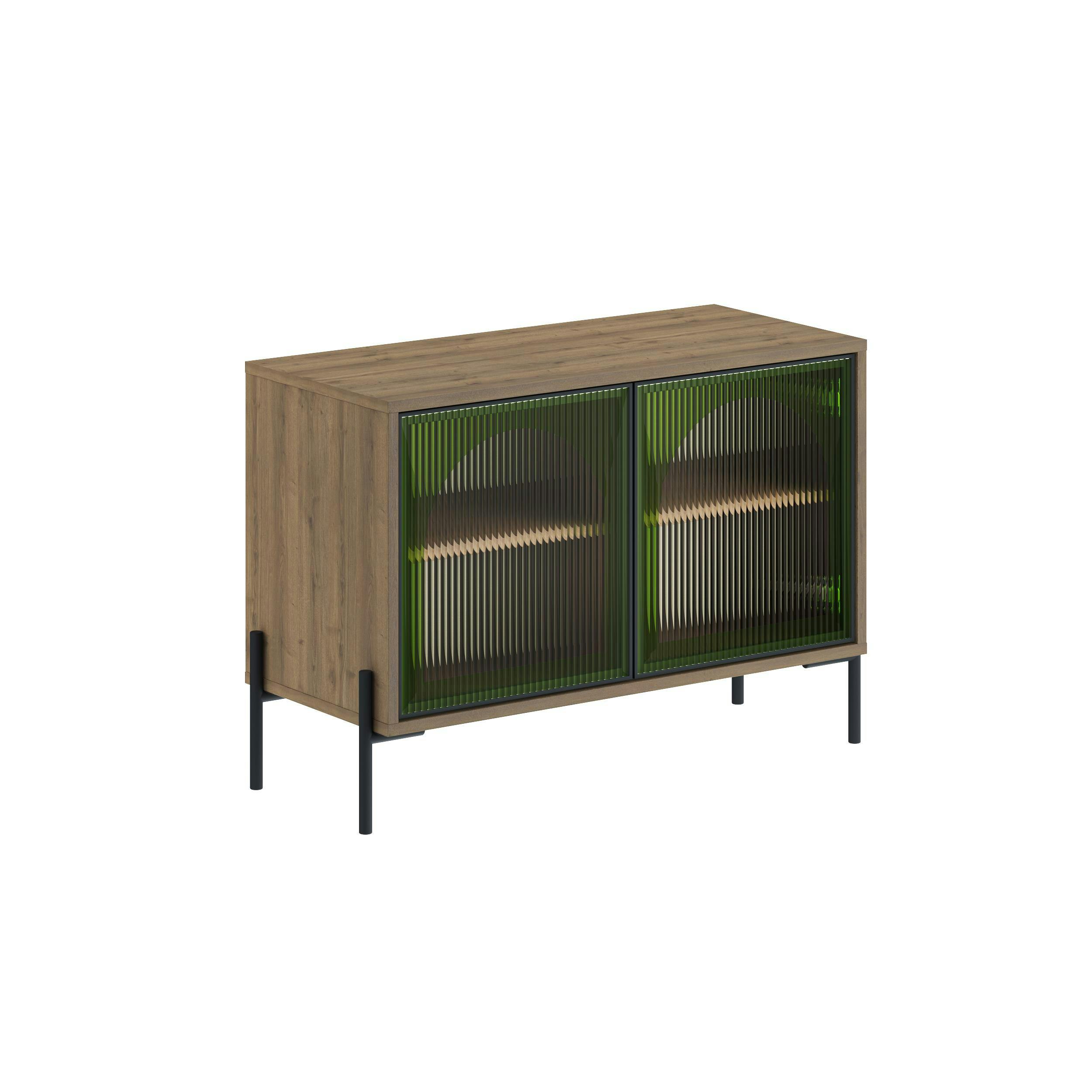 Decortie Green/Dark Modern Buffet Cabinet 2 Ribbed Glass Push-To-Open Doors Sideboard Storage Unit W/Metal Leg, Office, Oak Effect - Oak Effect