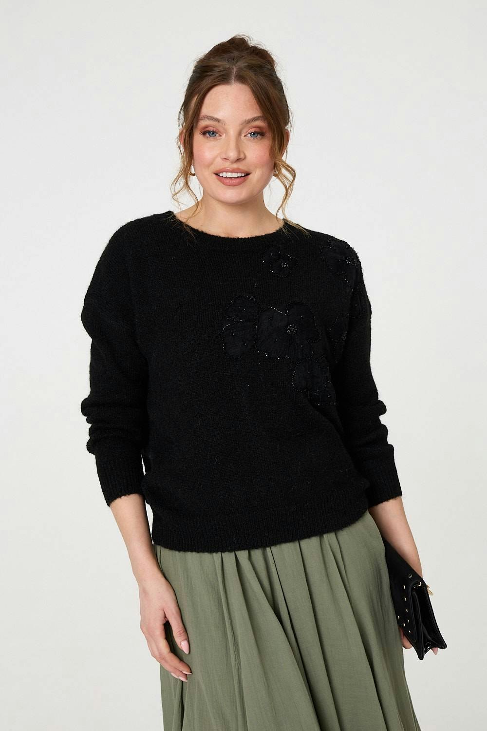 Izabel London Black Floral Embellished Relaxed Jumper - S