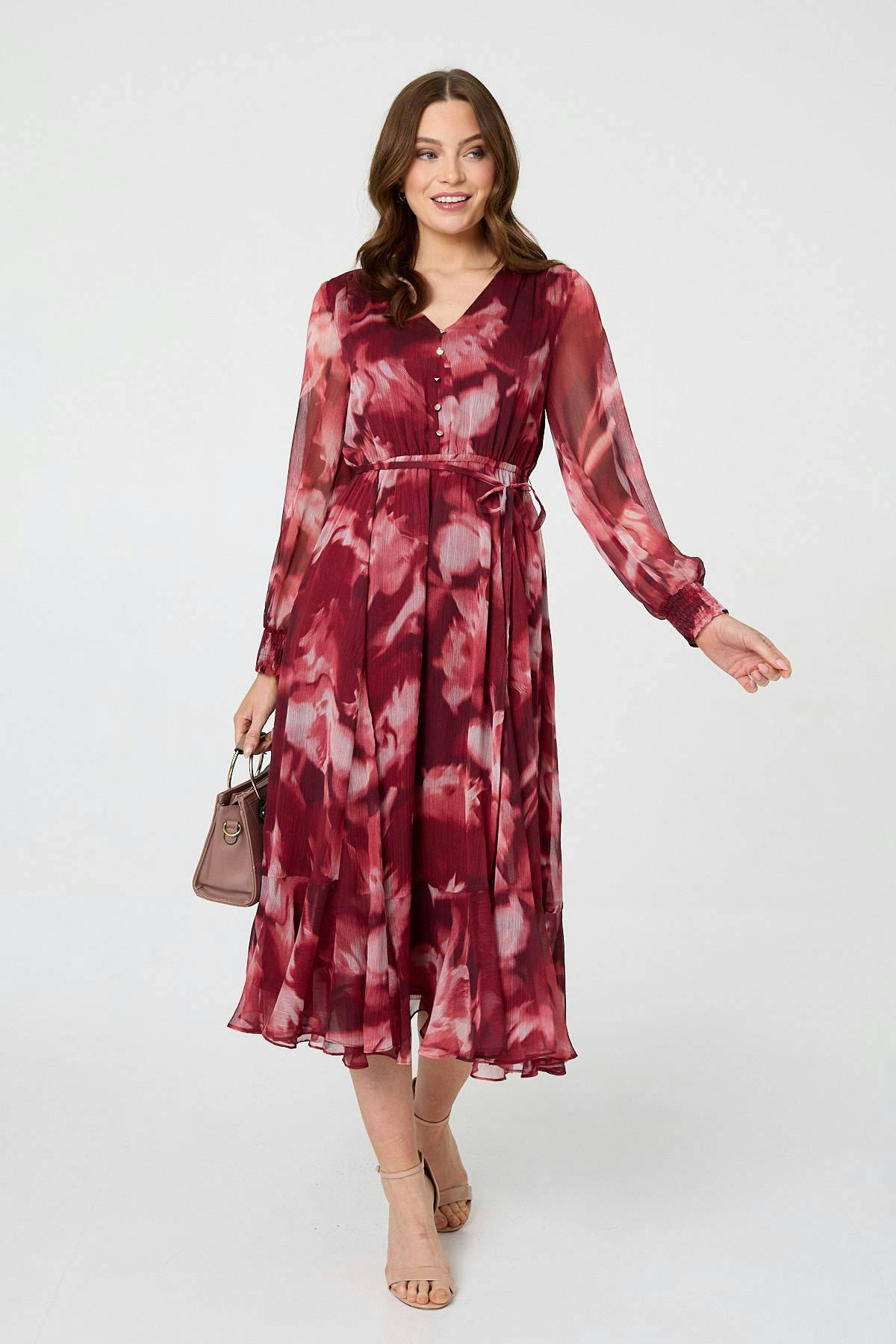Izabel London Burgundy Abstract Floral Semi Sheer Midi Dress - 8